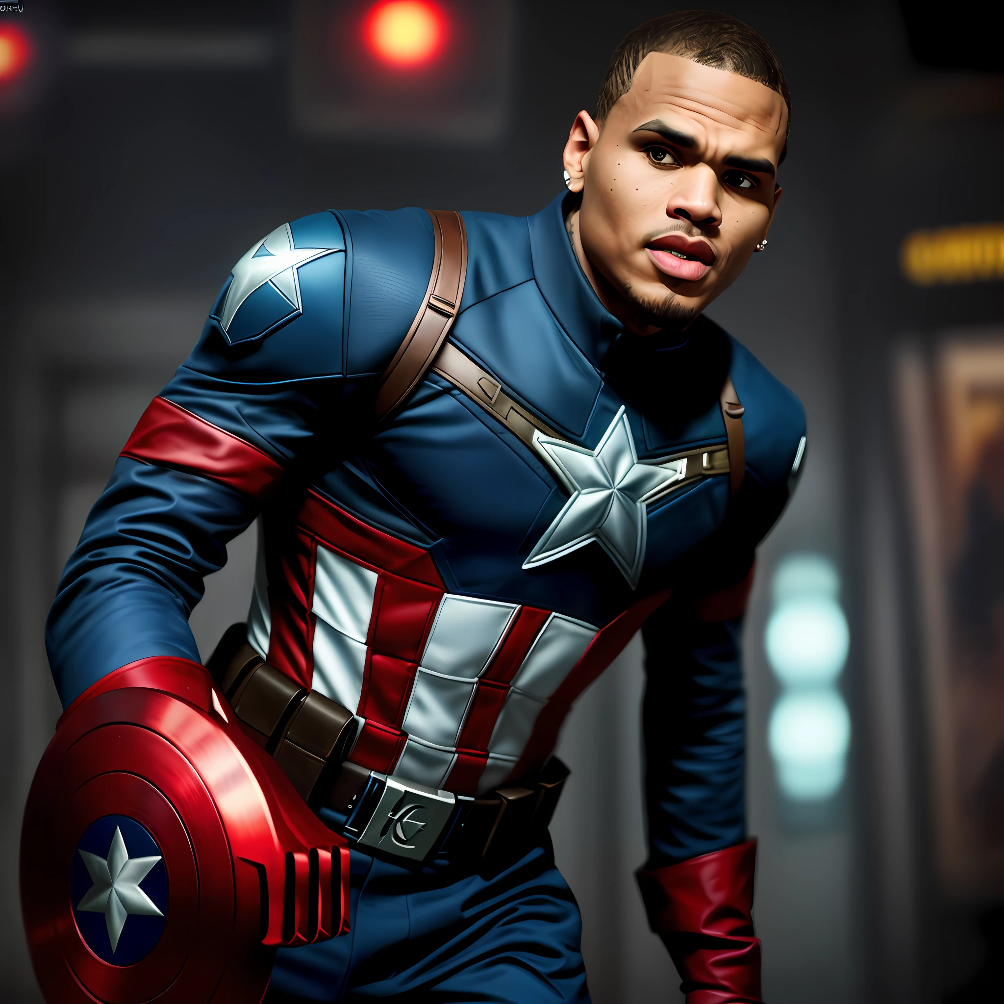 . .Tarantino style CHRIS BROWN as Captain America 8k, high definition, detailed face, detailed face, detailed eyes, detailed suit, Marvel and DC style, hyper-realistic, + cinematic plan + dynamic composition, Chris Brown incredibly detailed, sharpness, Chris Brown details + superb details + night with light + perfectionism + award-winning realism ((soft lighting)), Chris Brown((Chris Brown))