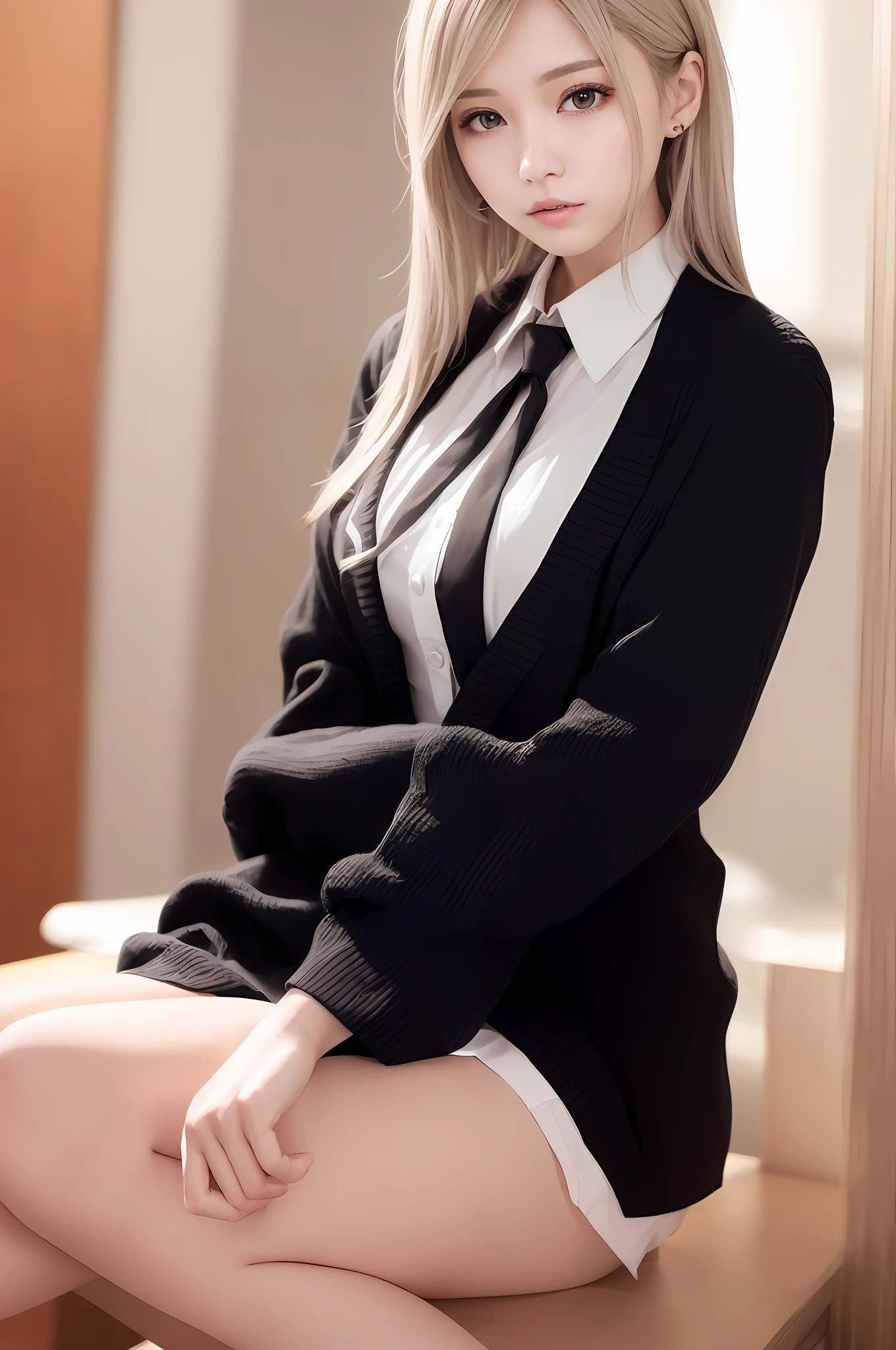 (RAW photo, best quality), (realistic, photo-realistic:1.3), masterpiece, an extremely delicate and beautiful, extremely detailed, CG, unity , 2k wallpaper, Amazing, finely detail, light smile, extremely detailed CG unity 8k wallpaper, huge filesize, ultra-detailed, highres, absurdres, soft light, (((short hair:1.3), short bang, silver hair, floating hair novafrogstyle)), beautiful detailed girl, detailed fingers, extremely detailed eyes and face, beautiful detailed nose, beautiful detailed eyes, long eyelashes, light on face, looking at viewer, (closed mouth:1.2), 1girl, cute, young, mature face, (full body:1.3), realistic face, realistic body, beautiful detailed thigh, (ulzzang-6500-v1.1:0.8), business suit, cross-laced clothes, collared shirt, open clothes, in office, detailed office, open cardigan, black thighhighs,