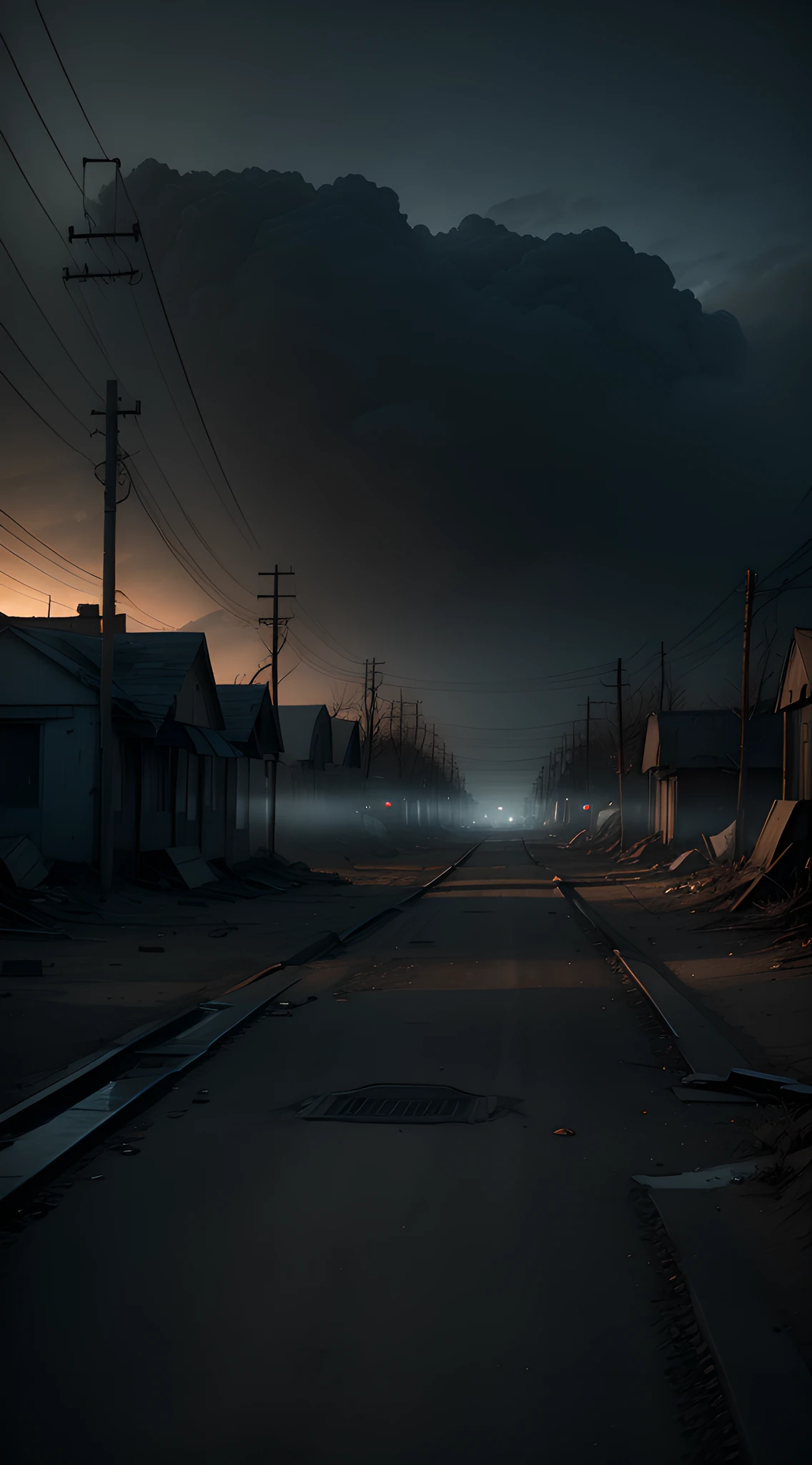 Create a high-resolution (8K) image that merges elements of the movie 'Terror in Silent Hill' with the ghost town of Centralia. Add a layer of ash hovering over the empty streets and highlight an abandoned and dilapidated amusement park as a focal point. Use dramatic lighting, with dim lights and intense shadows, to create an atmosphere of suspense and horror, reminiscent of the atmosphere of the film