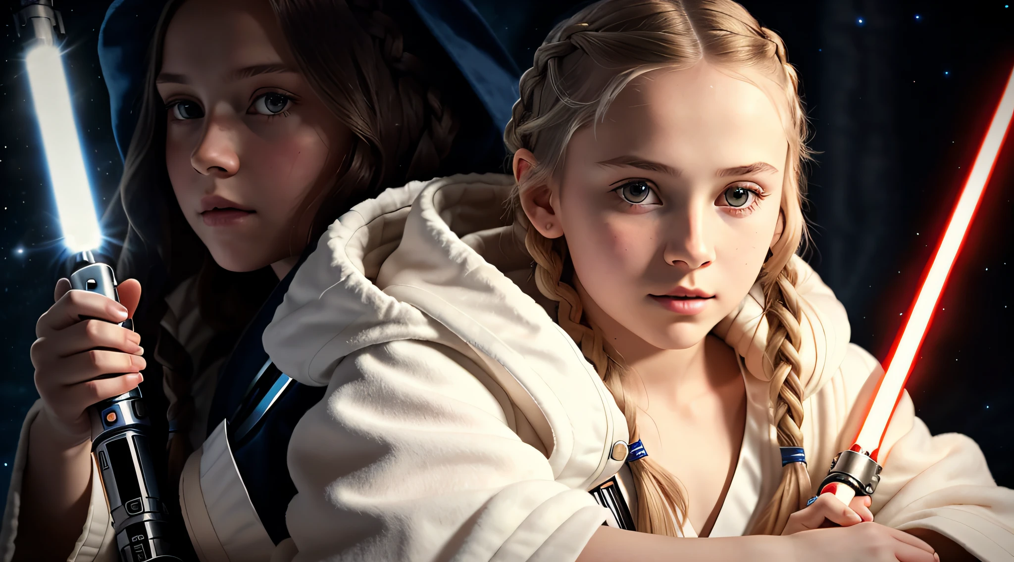 RUSSIAN GIRL 10 years old, WITH LONG STRAIGHT BLONDE HAIR WITH BRAIDS, PORTRAIT STYLE, A closeup with a white robe holding a lightsaber, Star Wars, powerful woman sitting in space, Star Wars movie look, Star Wars character, promotional image, in a Star Wars sequel, Queen of the Galaxy, holding 4K lightsaber,  WITH lightsaber.