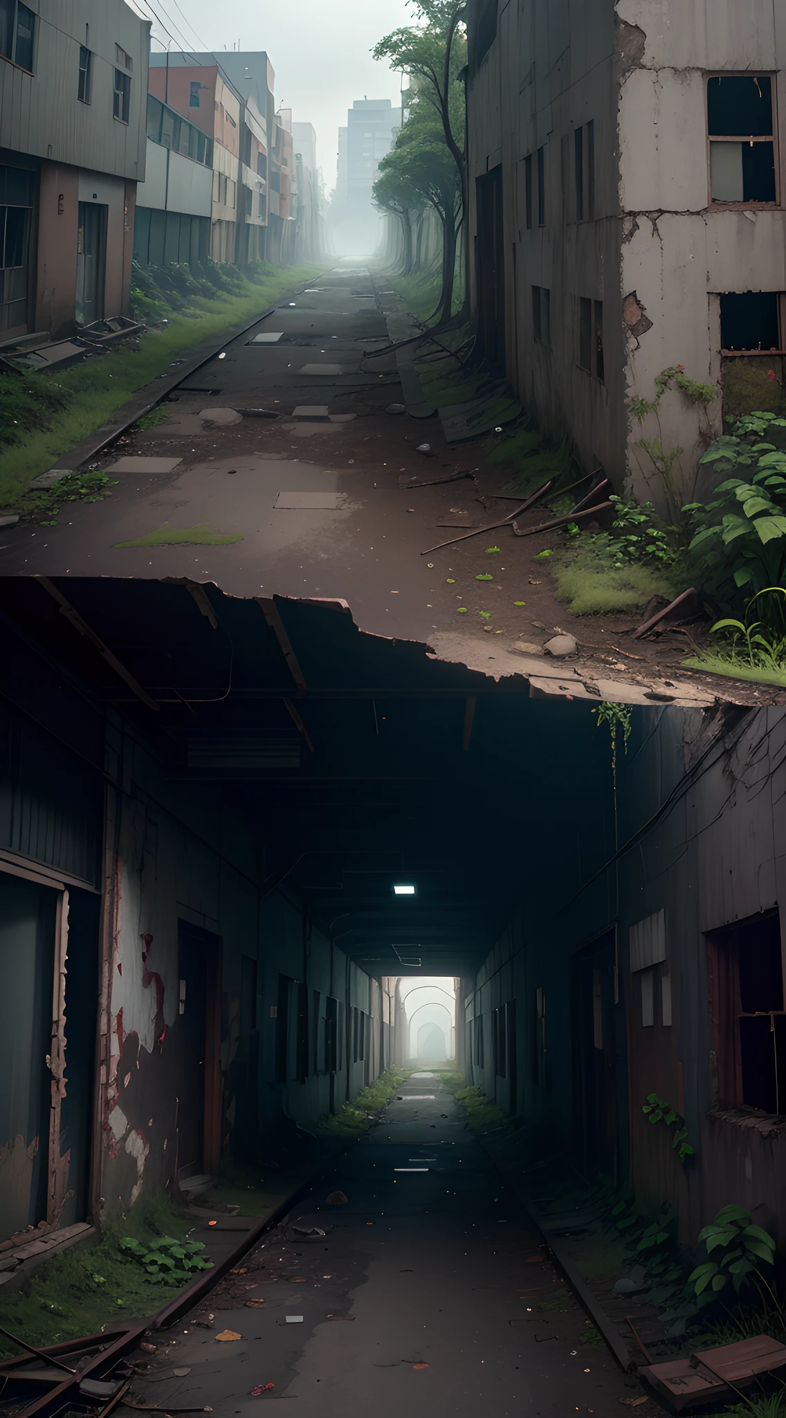 Create a professional 8K photograph that transports viewers to the abandoned city of Centralia. Use a low camera angle to capture the grandeur of crumbling structures. Add elements of nature invading the buildings, such as creeping plants and trees growing through the cracks, to convey the feeling of a city consumed by nature.