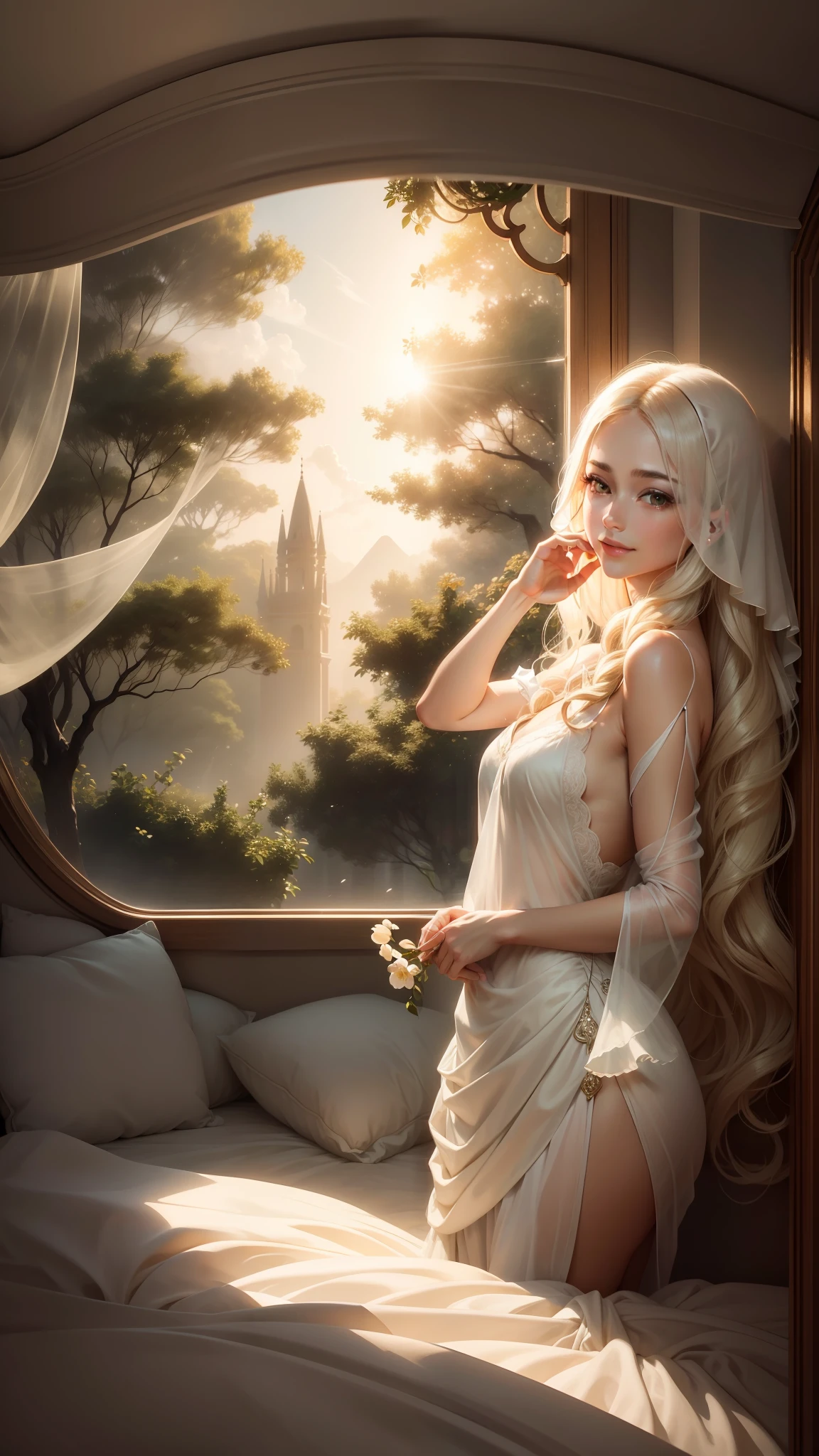 Super high image quality, delicate and delicate, soft light and shadow, full of emotion, gentle and moving. Long hair flowing, elegant and dignified, demeanor quiet and elegant, smile like a flower, smooth and flawless skin, clear and bright eyes, with a warm and quiet atmosphere to create, creating an elegant and elegant scene, in the melodious background music, as if immersed in another beautiful world.