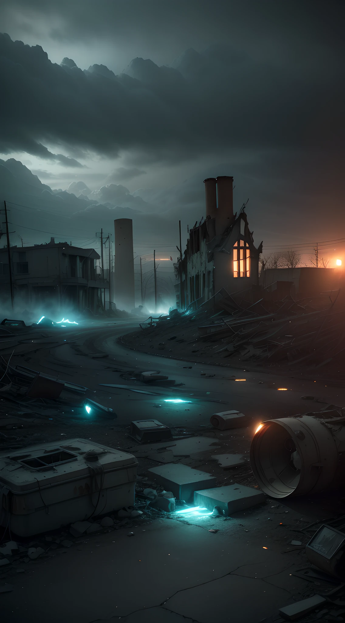 Create an 8K visual composition that captures the ghost town of Centralia as an intriguing and mysterious location. Use soft, targeted light to highlight details of crumbling structures, such as cracked walls and broken windows. Add elements of smoke coming out of the cracks in the floor to convey a sense of mystery and an otherworldly environment