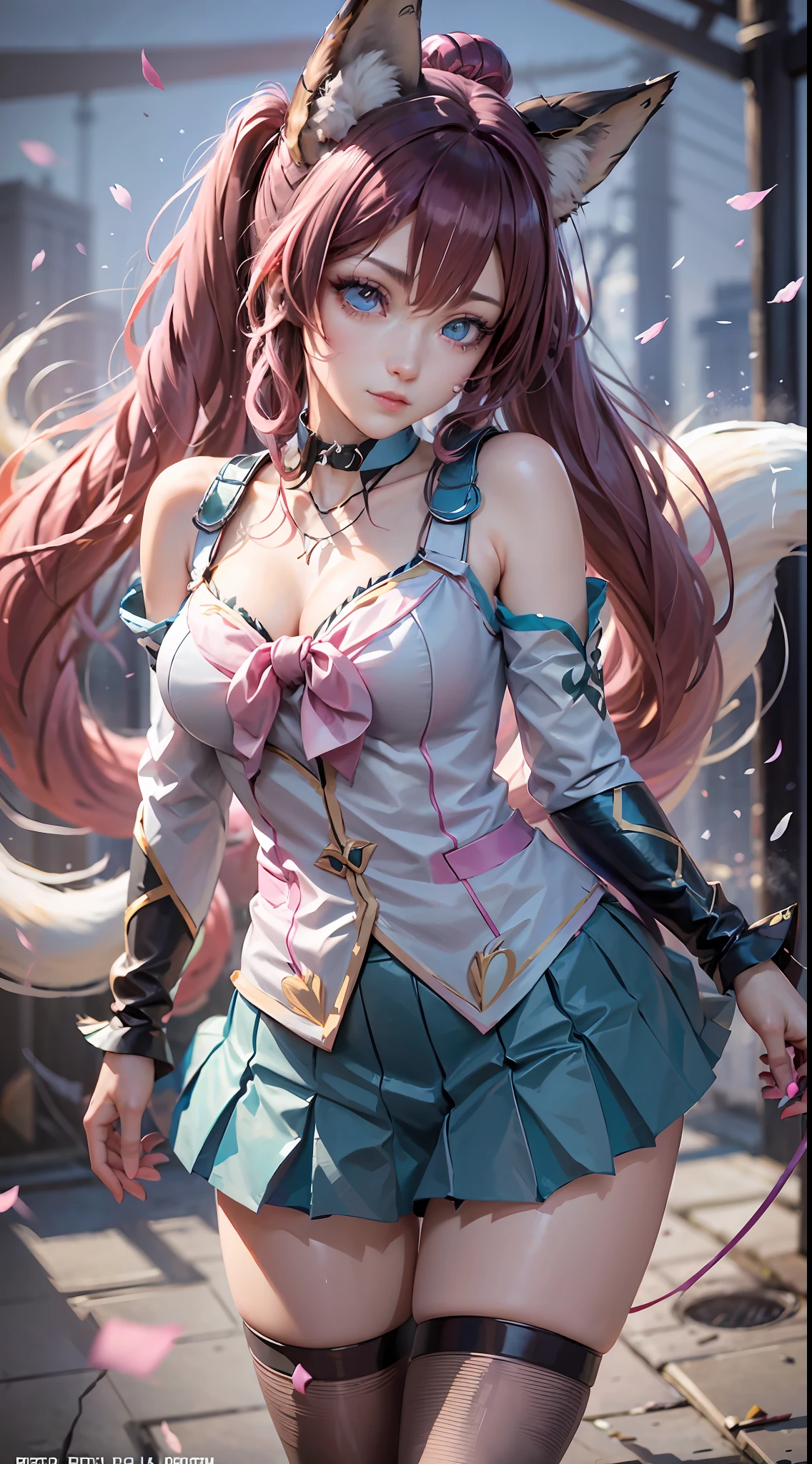 (League of Legends) Tanuki, Pink Magic, Pink Magic Crystal Ball in Hand, Pink, Pink Crystal Ball, Big Pink Eyes, Multiple Poses, Feet, Princess Dress, Three Lines on Each Cheek, (Masterpiece), (Best Quality), Highly detailed, HDR, 1girl, Solo Focus, Skindentation, Pantyhose, Perfect Face, Puffy face, beautiful face, big eyes, puffy eyes, perfect eyes, eyelashes, hatsune miku, extremely detailed face, black hair, school uniform, white sailor collar, glazed eyes, sailor collar, blue sky, long sleeves, blue shirt, looking at the audience, closed mouth, cat ears, pleated skirt ((((nine fox tails))))