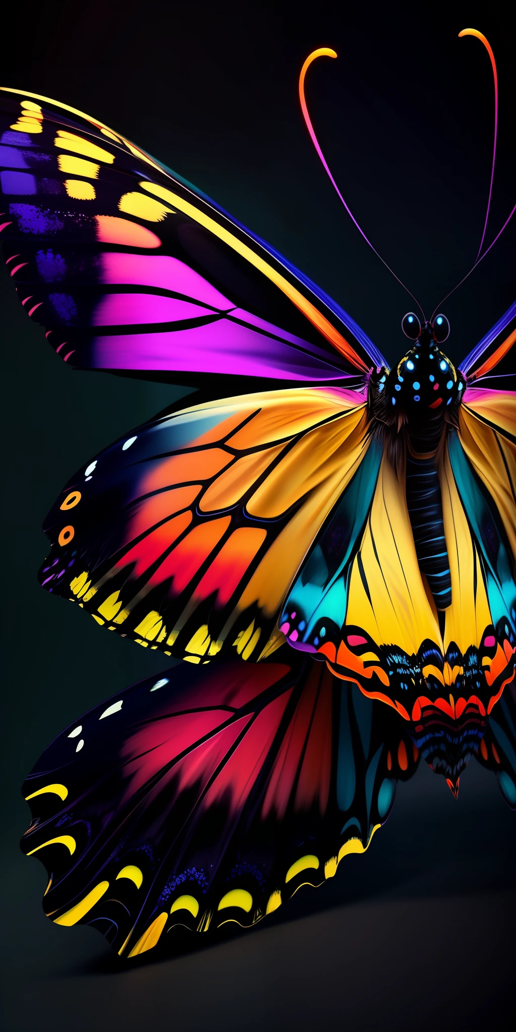 Dark sports car wallpapera colorful butterfly with a black background and a black background with a red, yellow, and blue butterfly , chaingirldark style ultra detailed, photorealistic, trending on artstation, 4k, 8kDark sports car wallpaper