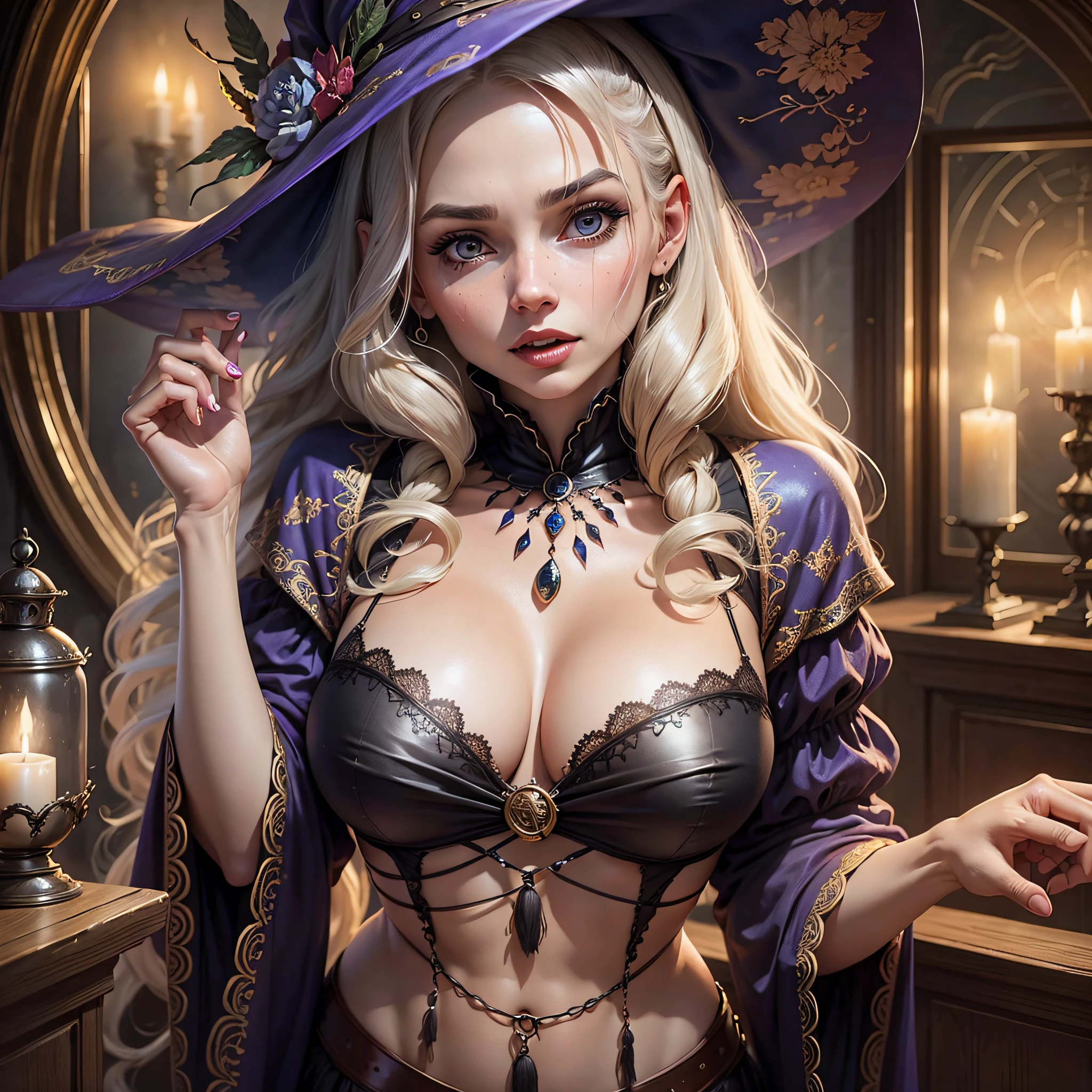 A beautiful witch storyteller, present in a scary room, detail for the breasts and sensuality --auto --s2