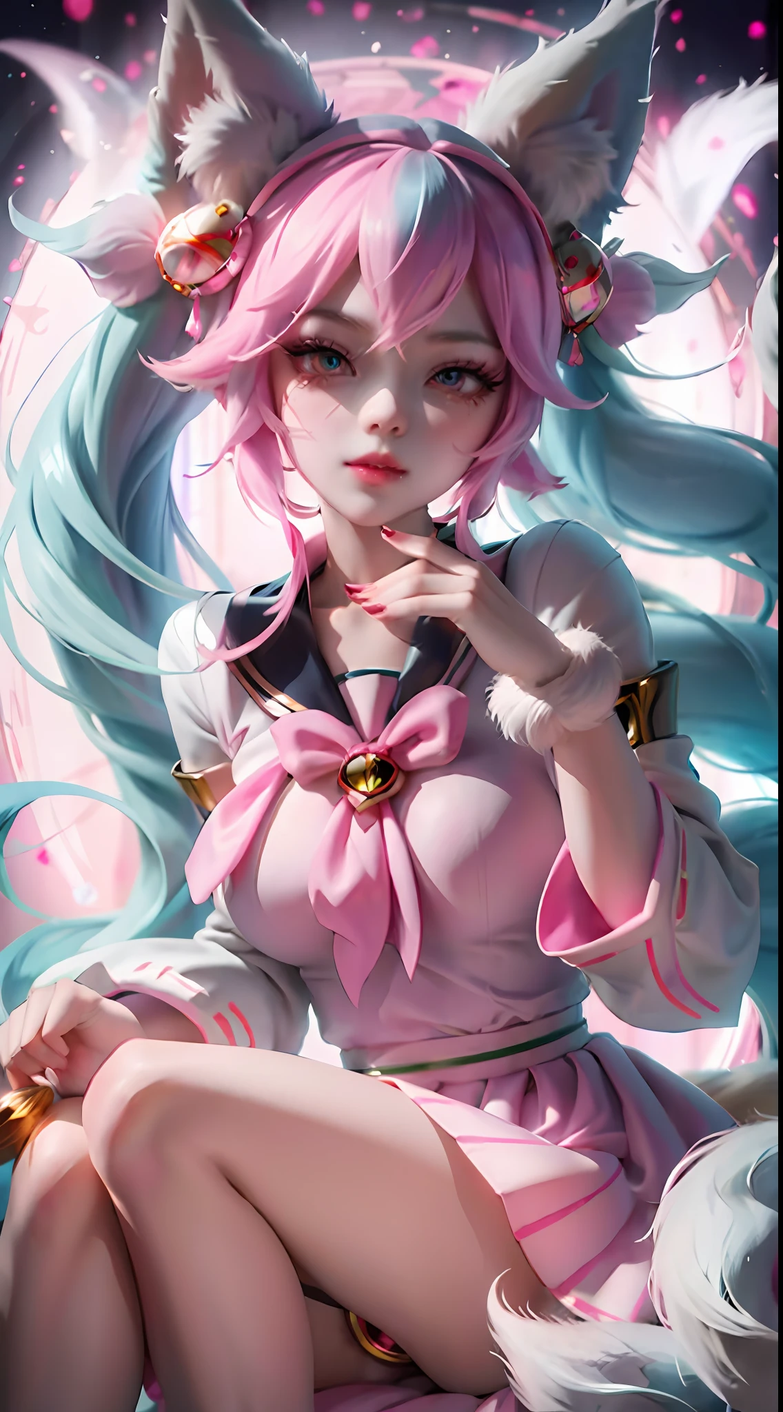 (League of Legends) Tanuki, Pink Magic, Pink Magic Crystal Ball in Hand, Pink, Pink Crystal Ball, Big Pink Eyes, Multiple Poses, Feet, Princess Dress, Three Lines on Each Cheek, (Masterpiece), (Best Quality), Highly detailed, HDR, 1girl, Solo Focus, Skindentation, Pantyhose, Perfect Face, Puffy face, beautiful face, big eyes, puffy eyes, perfect eyes, eyelashes, hatsune miku, extremely detailed face, black hair, school uniform, white sailor collar, glazed eyes, sailor collar, blue sky, long sleeves, blue shirt, looking at the audience, closed mouth, cat ears, pleated skirt ((((nine fox tails))))