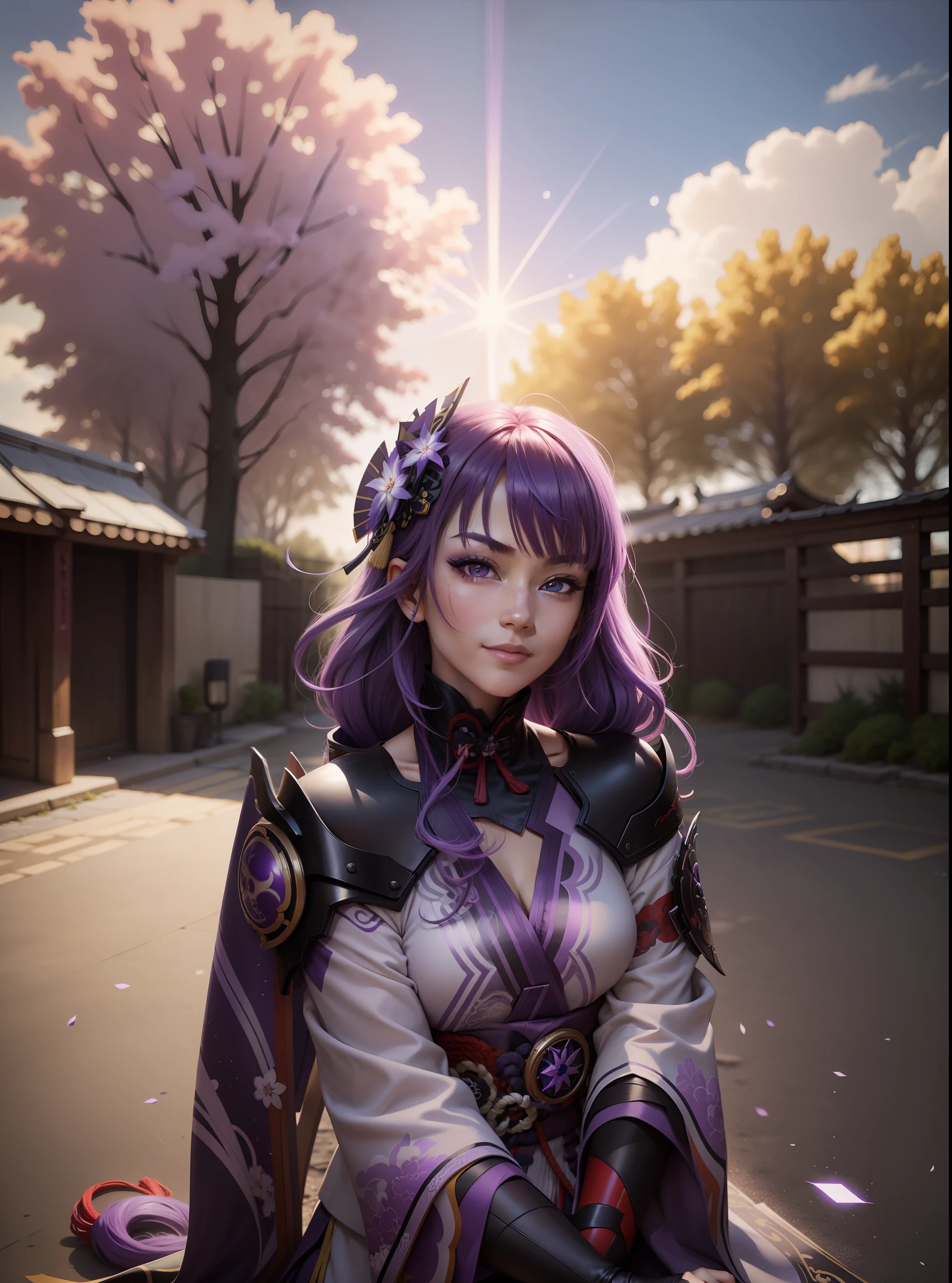 multicolored hair, purple hair, purple eyes, multicolored eyes, mismatched pupils, smile, high detail, high detail, Raiden Shogun (Genshin Impact), anime, anime style, sparkle, glowing light, god rays, ray tracing, backlighting, UHD, UHD, UHD, masterpiece, super detail, high details, high quality, award winning