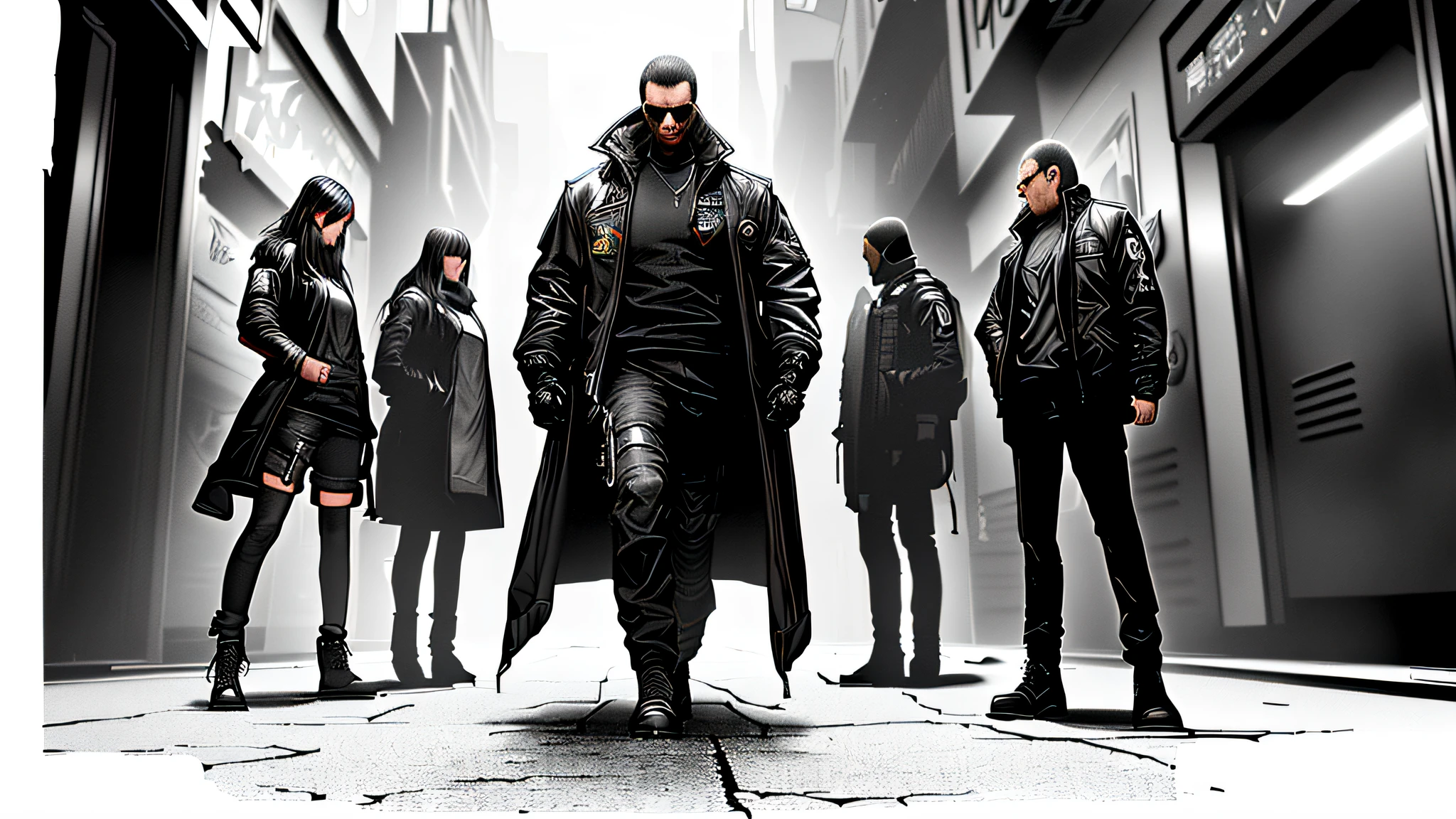 (high quality, best quality, high resolution), (ultimate phtoreal cyi style Concept Art), (dynamic composition, character, with black jacket and military details preparing to fight with sweat drops appearing): 16:9, (dark atomosphere, cyberpunk city): 2.0, (Ray traching, Lumen, highly detailed digital painting, 8k, realistic, hyperdetailed photorealistic, volumetric, intricate detail), full body.