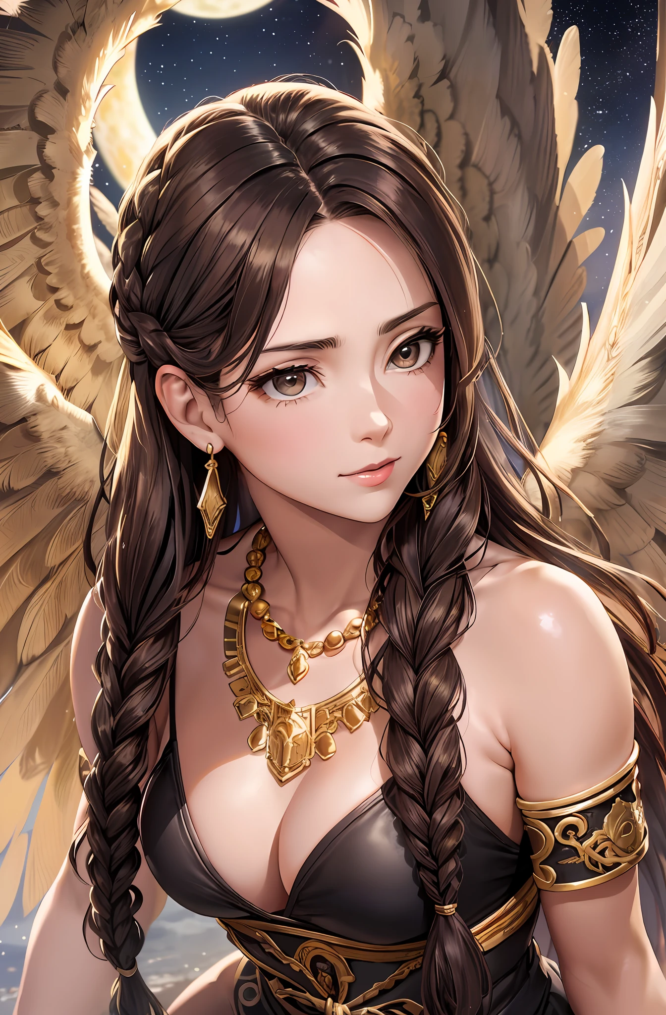 Top quality, ultra high resolution, (photorealistic: 1.4), Japan people, attractive faces. Model face. Braid. Thin. Smiling, bikini, beautiful details, brown face. Light brown hair. Brown hair. Big tits. Miniskirt. Earring. Luxurious necklace. Detail. Vivid? Realistic details. Real. Ability. Competent. On the back large wings. Braid brown hair, traditional women's hairstyle, long braided hair, long dark braid hair, braid brown hair, back feathers. Wing. Feather. Angel wings. Moon.