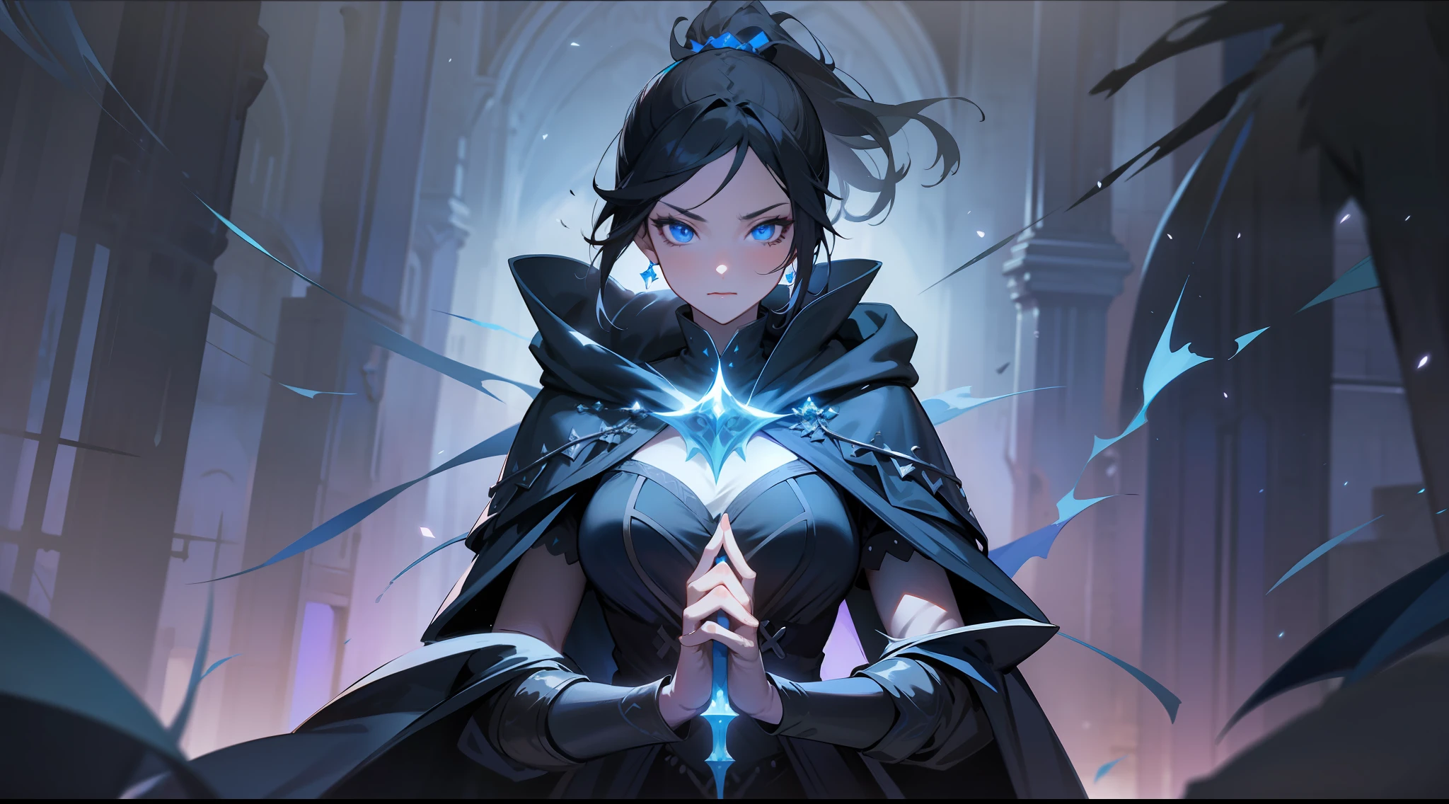 masterpiece, best quality, mature woman, dark sorceress, black cloak, blue hood, black hair, ponytail, blue eyes, magic, fantasy, medieval, dungeon, night, dynamic pose, beautiful detailed glow.
