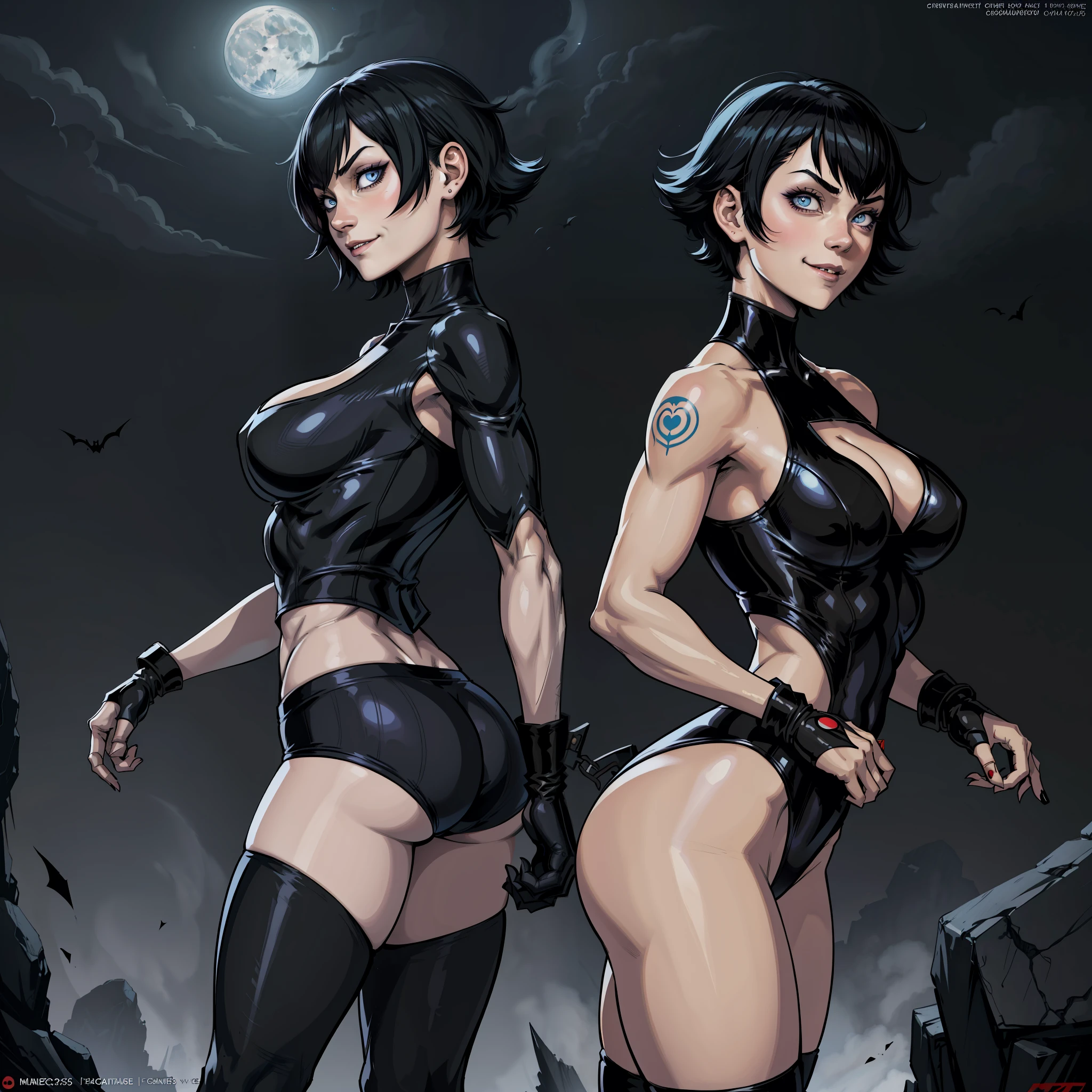 character concept art, cute pose, kawai, 1girl, fair skin, Yusuke Murata art style, girl alone, short hair, black hair, blue eyes, anime girl with tattoos on right arm, anime digital art, beautiful anime girl, female anime girl, anime art, muscular!, big oppai, Ilya Kuvshinov, anime badass 8k, anime art, cuberpunk hair, very attractive, gothic, blue vampire eyes, beautiful face, smiling, short black hair, perfect body, fit body, abdomen, big breasts, chubby butt, prancing ass, prancing butt, gothic clothes, cyberpunk clothes, vampire clothes, muscular, simple background with the moon, pale skin, vampire, face with cute expression, sensual body,
