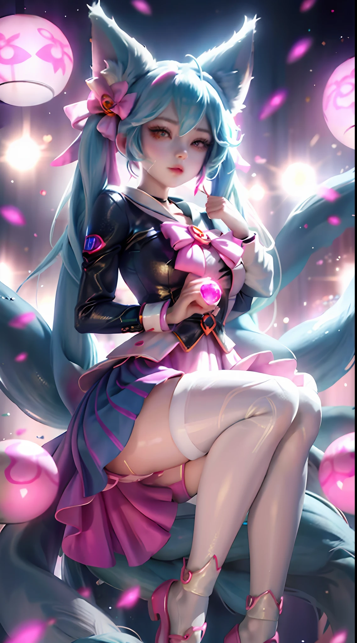 (League of Legends) Tanuki, Pink Magic, Pink Magic Crystal Ball in Hand, Pink, Pink Crystal Ball, Big Pink Eyes, Multiple Poses, Feet, Princess Dress, Three Lines on Each Cheek, (Masterpiece), (Best Quality), Highly detailed, HDR, 1girl, Solo Focus, Skindentation, Pantyhose, Perfect Face, Puffy face, beautiful face, big eyes, puffy eyes, perfect eyes, eyelashes, hatsune miku, extremely detailed face, black hair, school uniform, white sailor collar, glazed eyes, sailor collar, blue sky, long sleeves, blue shirt, looking at the audience, closed mouth, cat ears, pleated skirt ((((nine fox tails))))