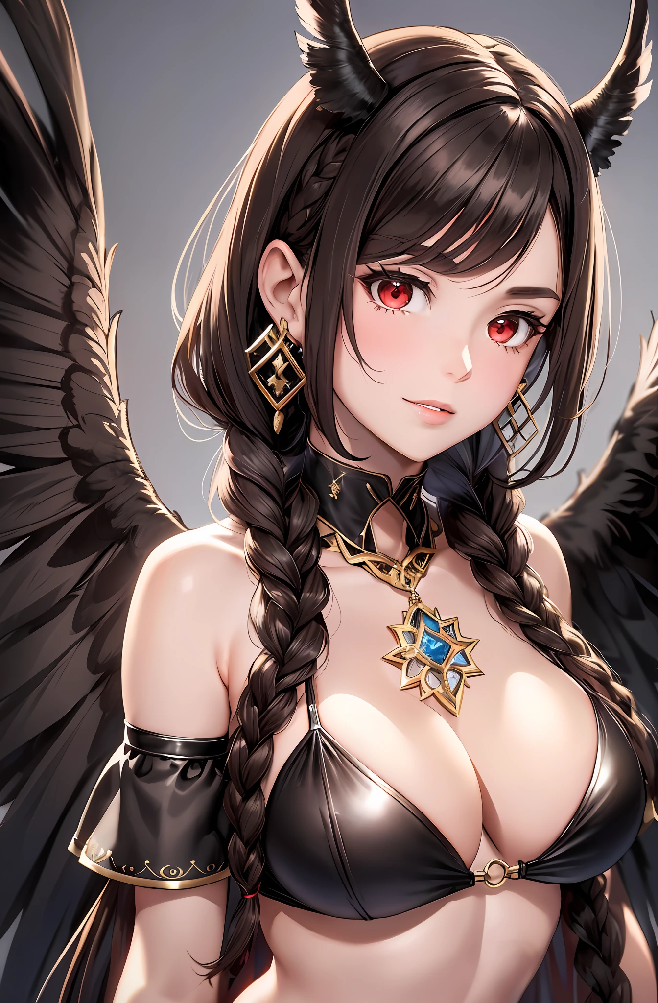 Top quality, ultra high resolution, (photorealistic: 1.4), Japan people, attractive faces. Model face. Braid. Thin. Smiling, bikini, beautiful details, brown face. Light brown hair. Brown hair. Big tits. Miniskirt. Earring. Luxurious necklace. Detail. Vivid? Realistic details. Real. Ability. Competent. On the back large wings. Brown hair in braids, traditional female hairstyle, long braid hair, long dark braid hair, brown hair in braids, black feathers on the back. Black wings. Black plumage. Devil's wings. Moon. Navel, Detached Sleeves, Bare Shoulders, Center Opening, Cleavage, Middle Chest, Long Feathered Hair Clips, Hair Ornament, Red Eyes, Thigh Height,, Full Body, Look Viewer, Break, Otherworldly. Black smoke wafting around. Horns.