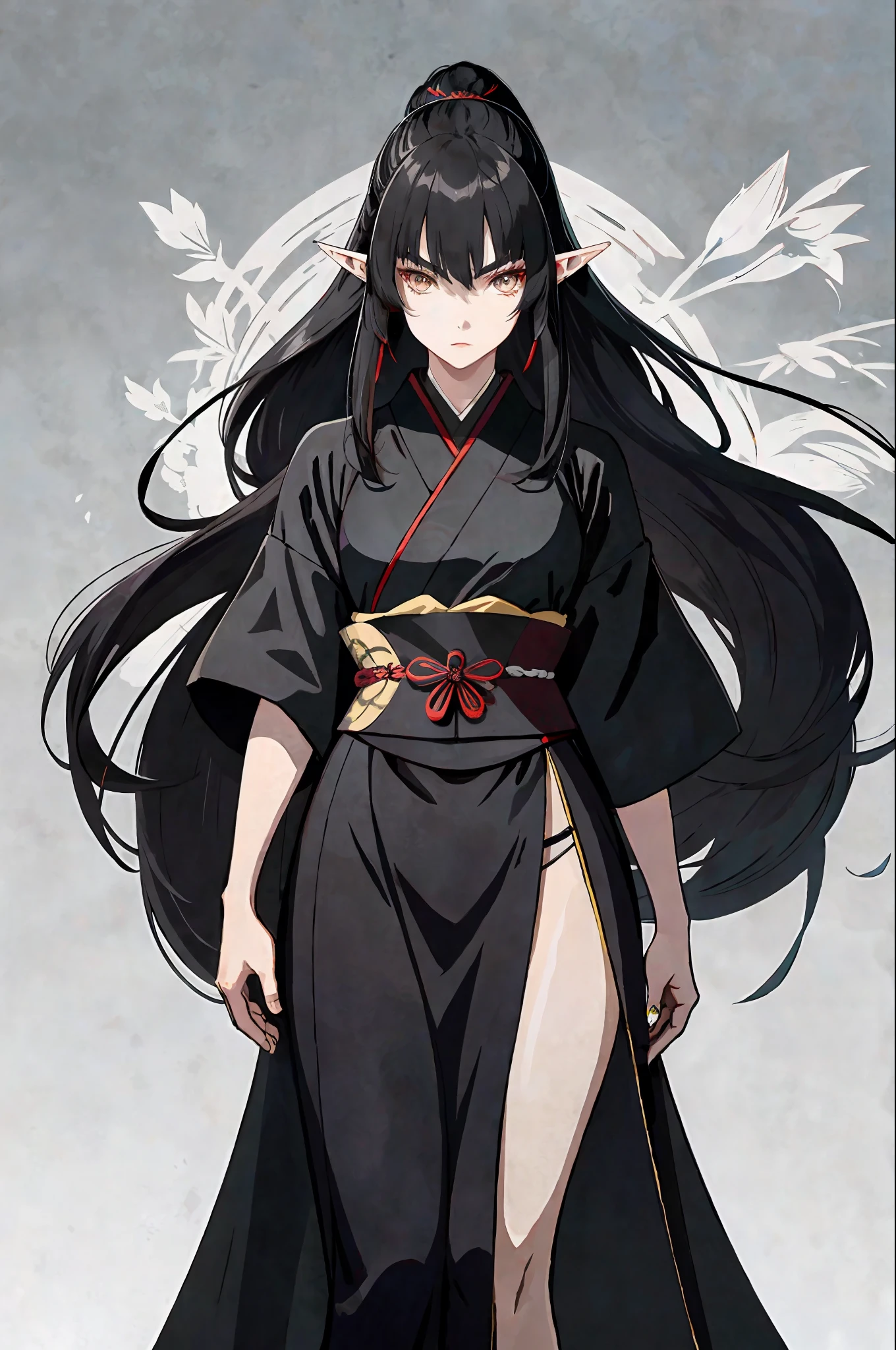A majestic-looking samurai elf woman. She has delicate, ethereal features, with almond eyes that shine with intense determination. Her long, silky black hair cascades into an ebony hue, flowing elegantly up to waist height. She has smooth, pale skin, which contrasts with her slightly reddened lips. She is remarkably athletic and displays surprising strength. His posture is upright and confident, reflecting his discipline and martial skill. Dressed in a simple black kimono with armor, she exudes an aura of authority and respect. The fabric of the kimono surrounds her muscular body. Solo, alone