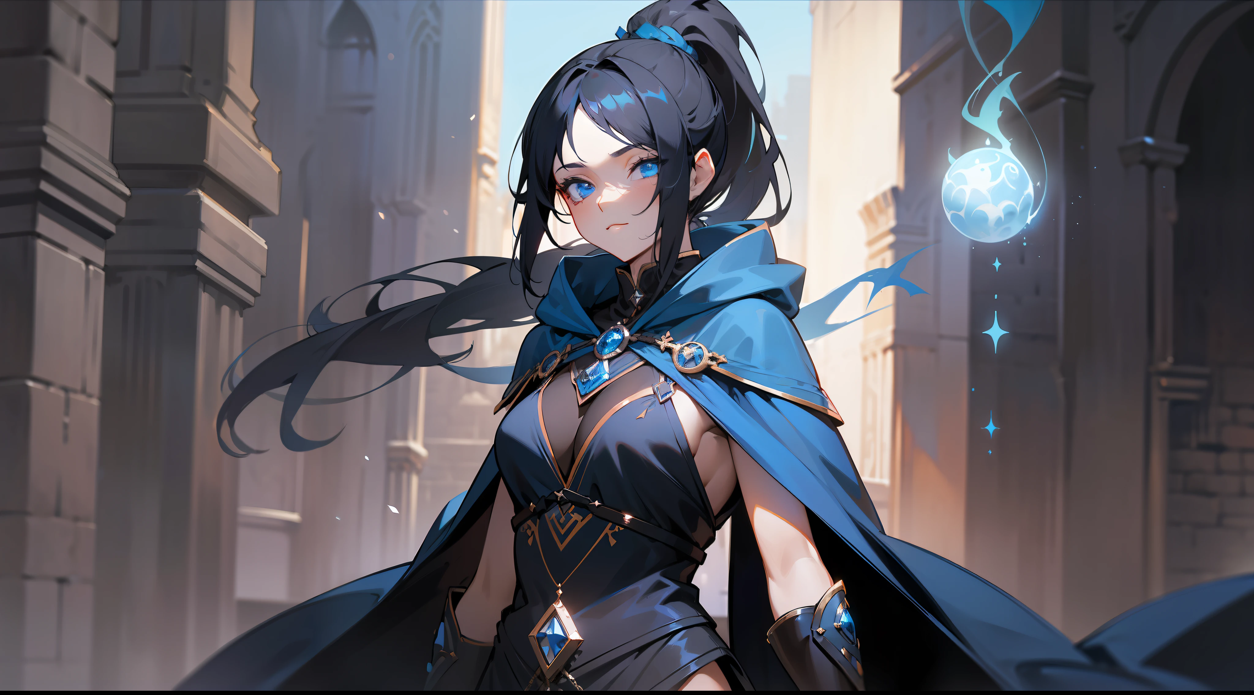 masterpiece, best quality, mature woman, dark sorceress, black cloak, blue hood, black hair, ponytail, blue eyes, magic, fantasy, medieval, dungeon, night, dynamic pose, beautiful detailed glow.