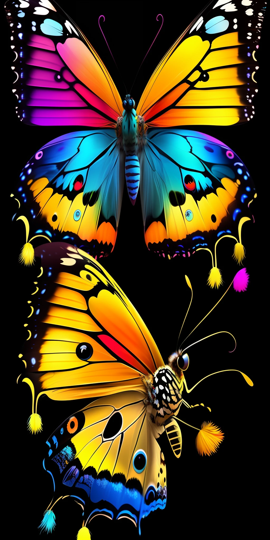 a colorful butterfly with a black background and a black background with a red, yellow, and blue butterfly , chaingirldark style ultra detailed, photorealistic, trending on artstation, 4k, 8k