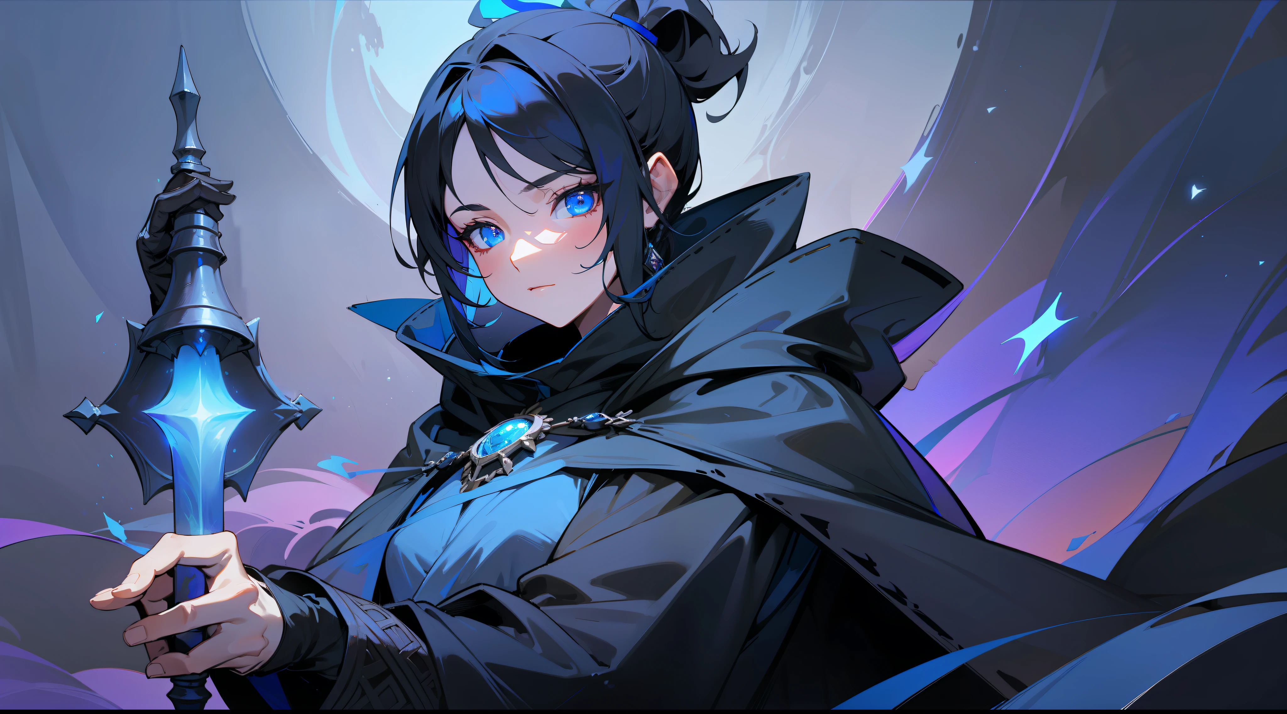 masterpiece, best quality, mature woman, dark sorceress, black cloak, blue hood, black hair, ponytail, blue eyes, magic, fantasy, medieval, dungeon, night, dynamic pose, beautiful detailed glow.