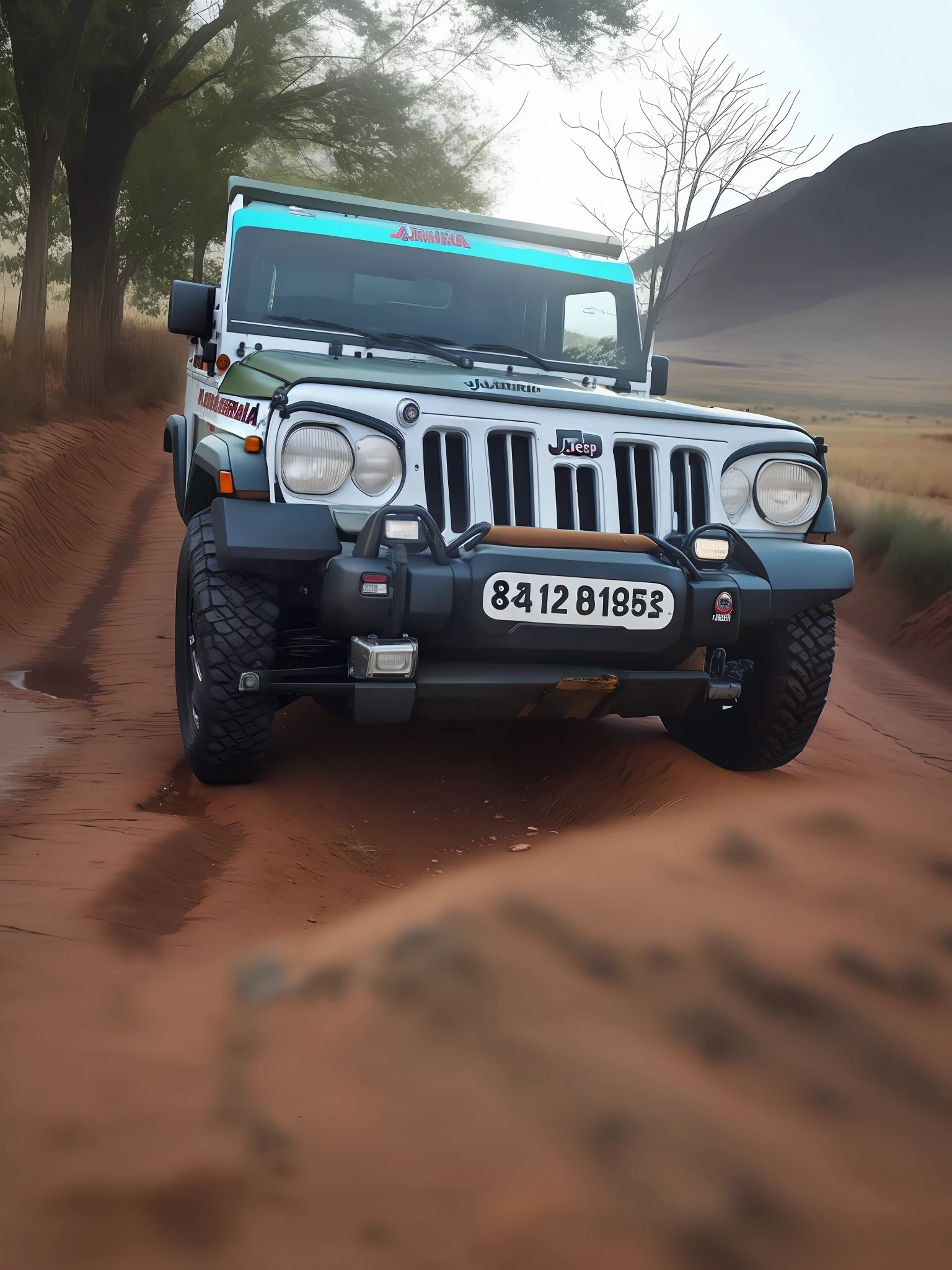 there is a jeep that is parked on a dirt road, front profile, front profile shot, mahindra thar, frontal shot, front profile!!!!, front side, frontal picture, jeep in background, full front view, frontal pose, front side full, front shot, front side view, front top side view, 3/4 front view, front face, front view