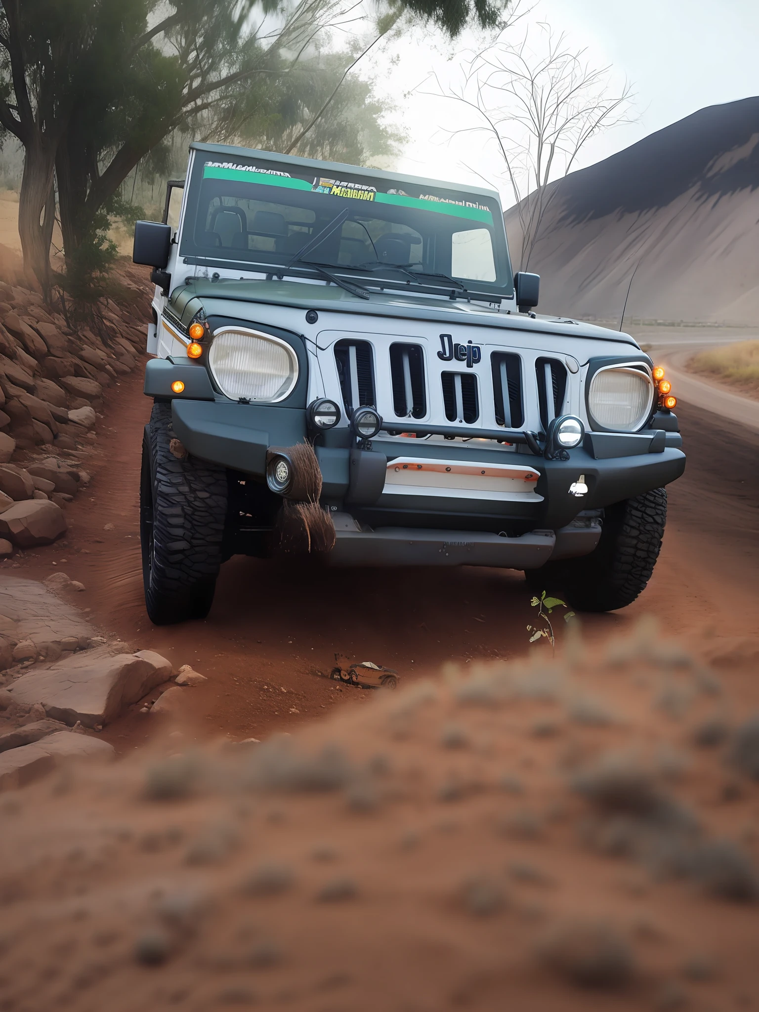 there is a jeep that is parked on a dirt road, front profile, front profile shot, mahindra thar, frontal shot, front profile!!!!, front side, frontal picture, jeep in background, full front view, frontal pose, front side full, front shot, front side view, front top side view, 3/4 front view, front face, front view