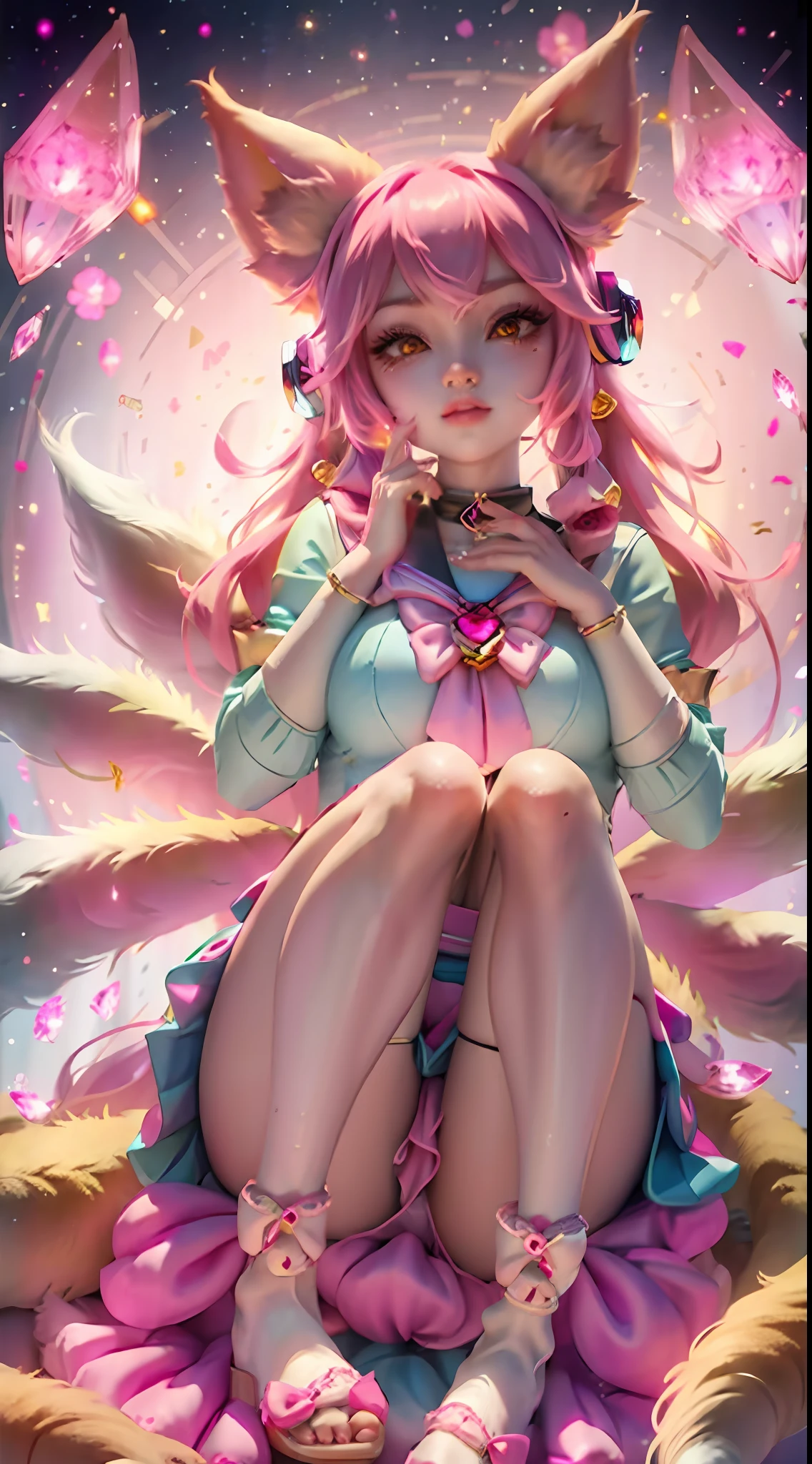 (League of Legends) Tanuki, pink magic, pink magic crystal ball in hand, pink, pink crystal ball, large pink eyes, multiple poses, feet, princess dress, three lines on each cheek, pantyhose, hatsune miku, extremely detailed face, black hair, school uniform, white sailor collar, glazed eyes, sailor collar, blue sky, long sleeves, blue shirt, looking at the audience, closed mouth, cat ears, pleated skirt ((((nine fox tails)))