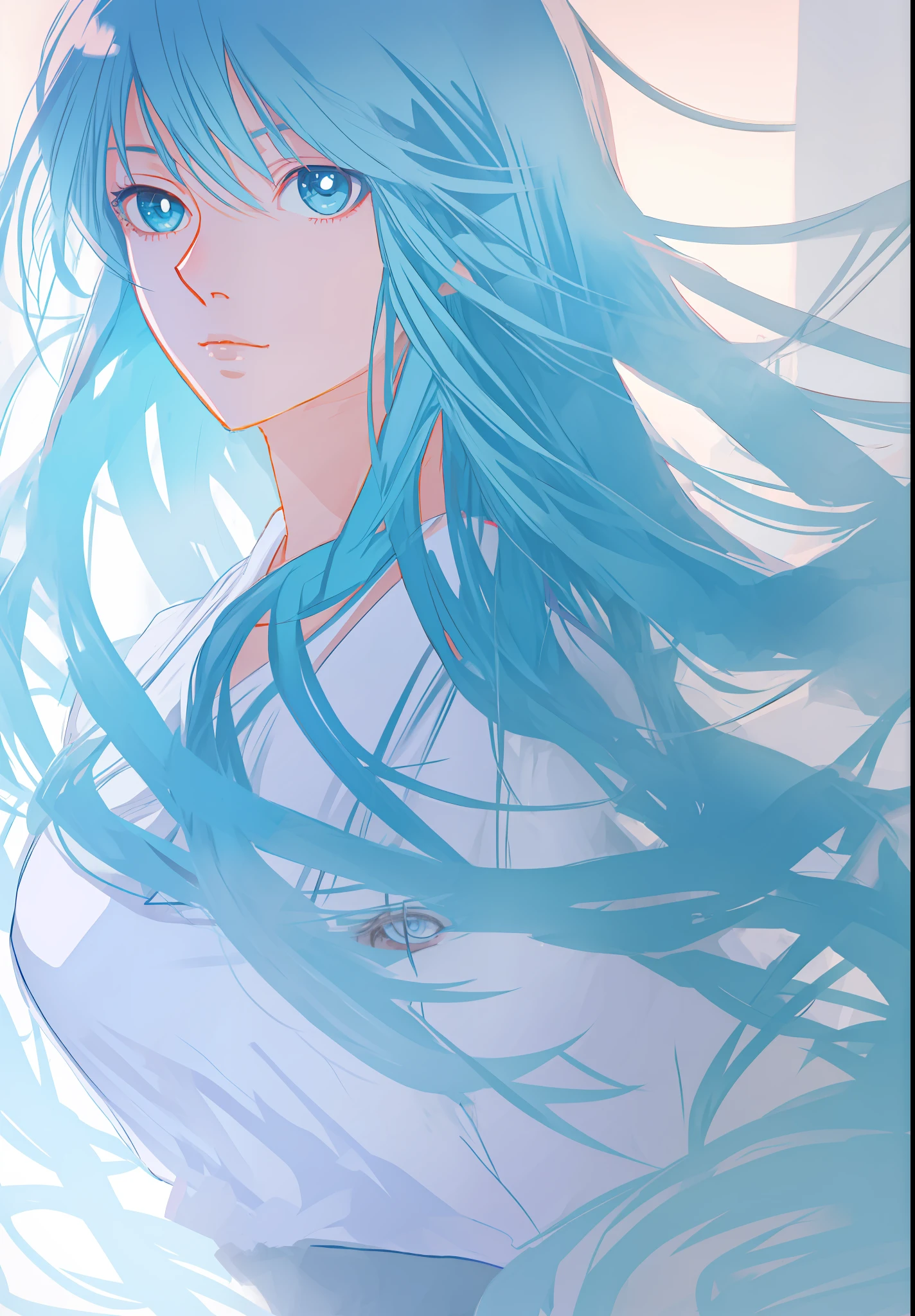 Beautiful girl, anime, long light blue hair, soft skin, white blouse, anime eyes, realistic drawing