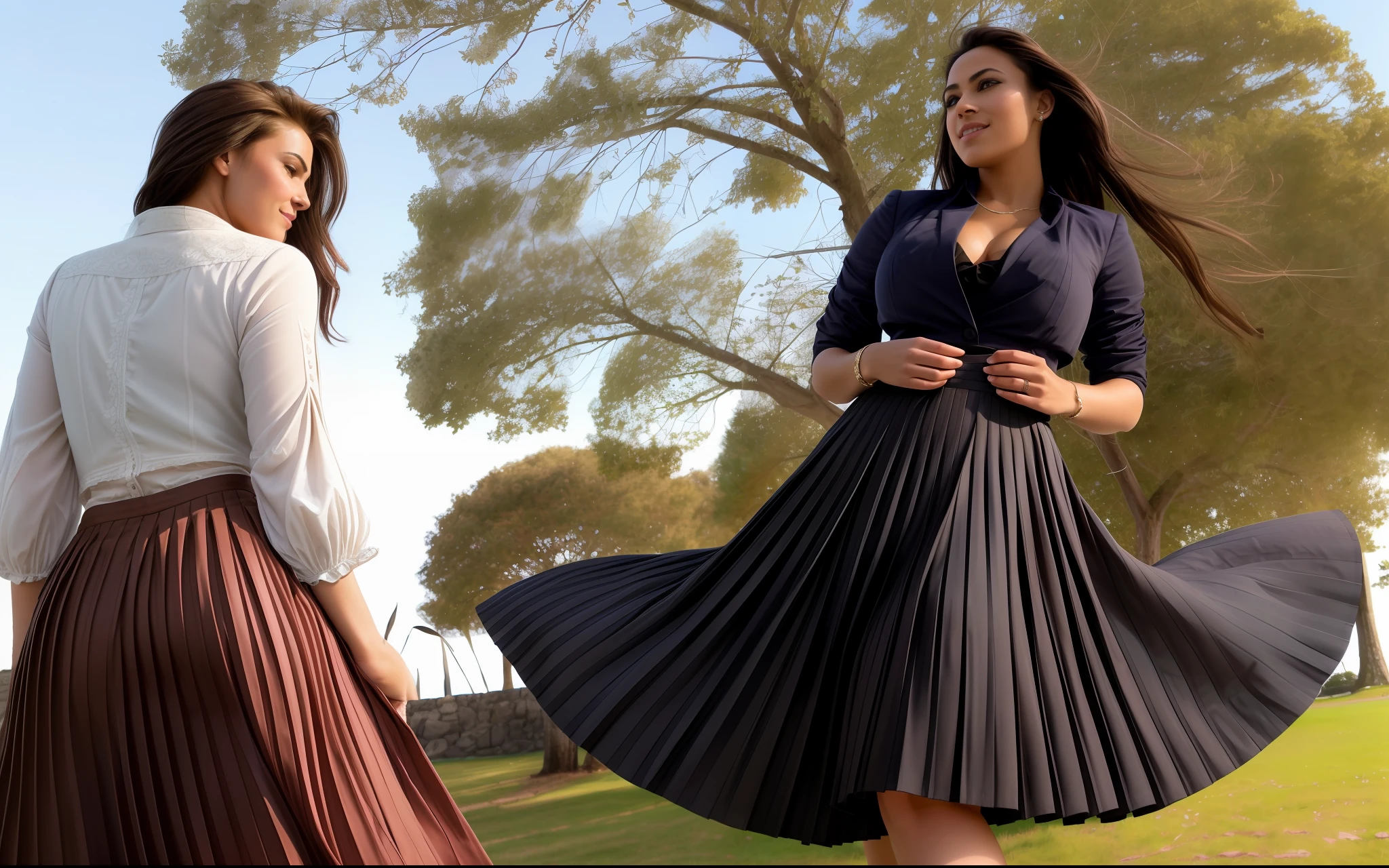 35mm f1.4 Kodak portra 400 photograph, extremely high quality RAW photograph, a therapist is comforting you (in a flirting manner:1.8) while wearing a long skirt, (shy) authentic (kind and tender) lesbian woman wearing a short blazer with a very very detailed (long (fully pleated) full circle skirt) and (simple) low heeled office shoes, very very intricate hyper-detailed symmetric (attractive graceful young feminine face) with (sad, tired) eyes and a (flirty smile:1.3), full of empathy and compassion and love, (pronounced feminine features:1,3), big boobs, large breasts, (highly detailed ultra accurate realistic) hands and fingers, ((windy conditions and wind blowing)), epic composition, highly detailed attributes, highly detailed atmosphere, detailed background, intricate, Exquisite details and textures, highly detailed,