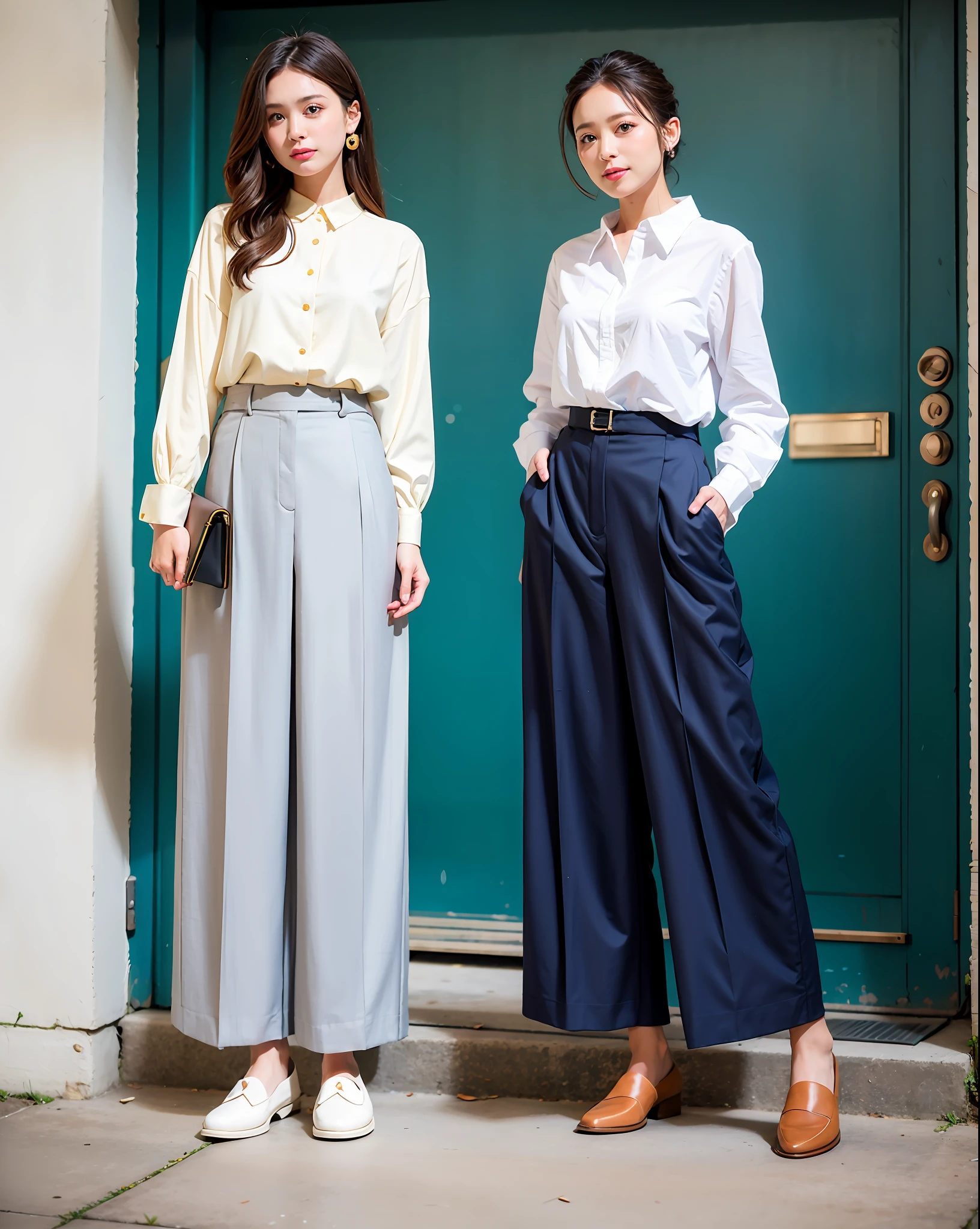 Wide leg pants, lightweight blouse, loafers.