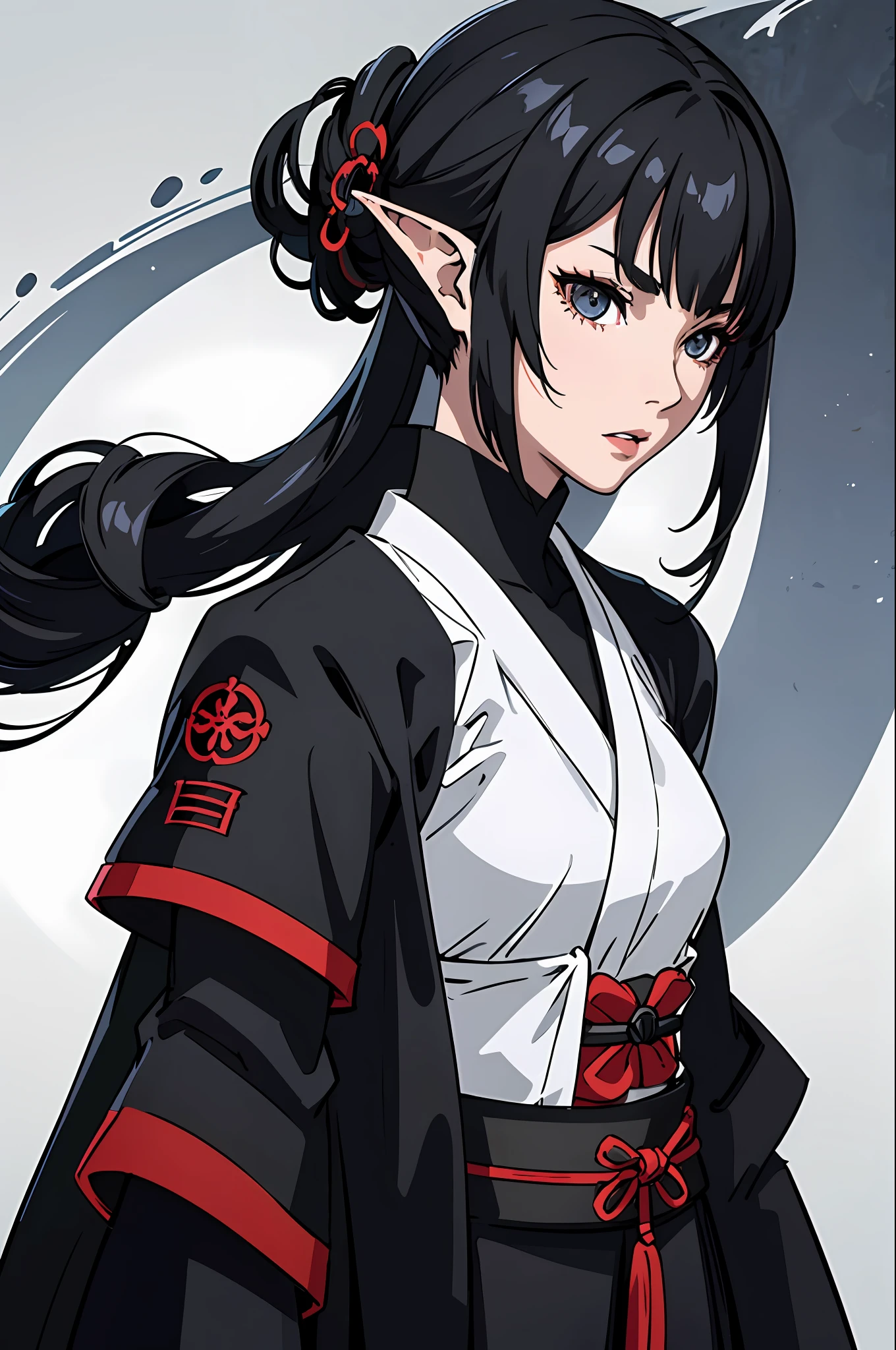 A majestic-looking samurai elf woman. She has delicate, ethereal features, with almond eyes that shine with intense determination. Her long, silky black hair cascades into an ebony hue, flowing elegantly up to waist height. She has smooth, pale skin, which contrasts with her slightly reddened lips. She is remarkably athletic and displays surprising strength. His posture is upright and confident, reflecting his discipline and martial skill. Dressed in a simple black kimono with armor, she exudes an aura of authority and respect. The fabric of the kimono surrounds her muscular body. Solo, alone