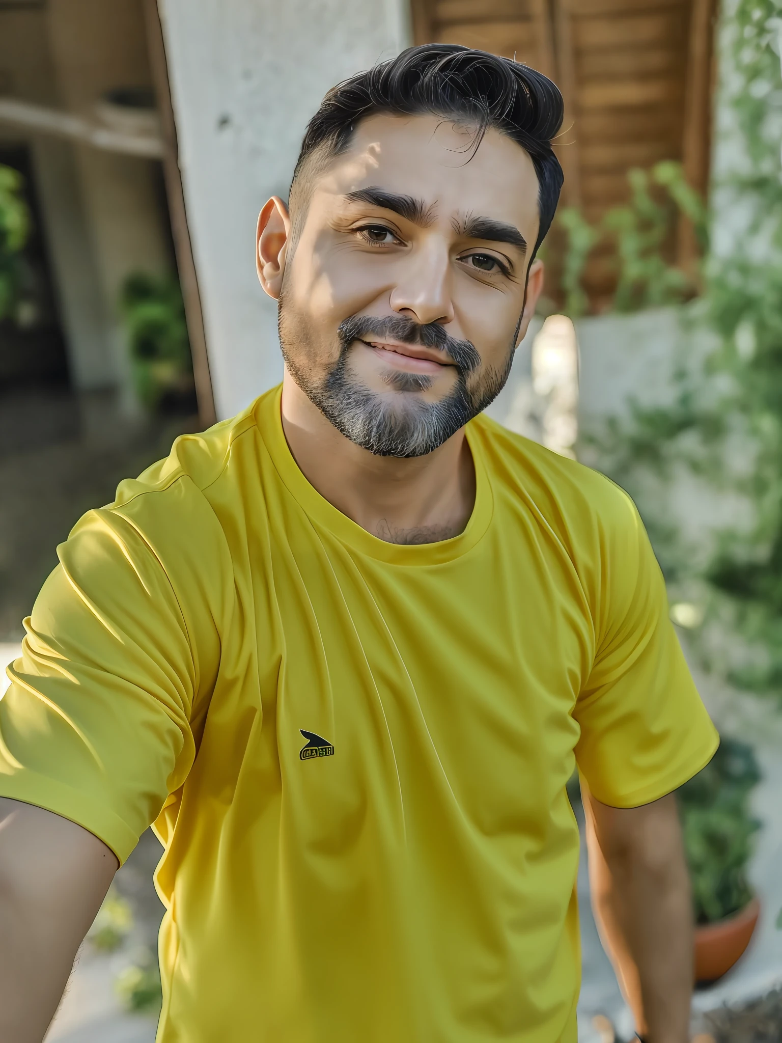 There is a man outside, wearing a yellow tshirt (38 years old)