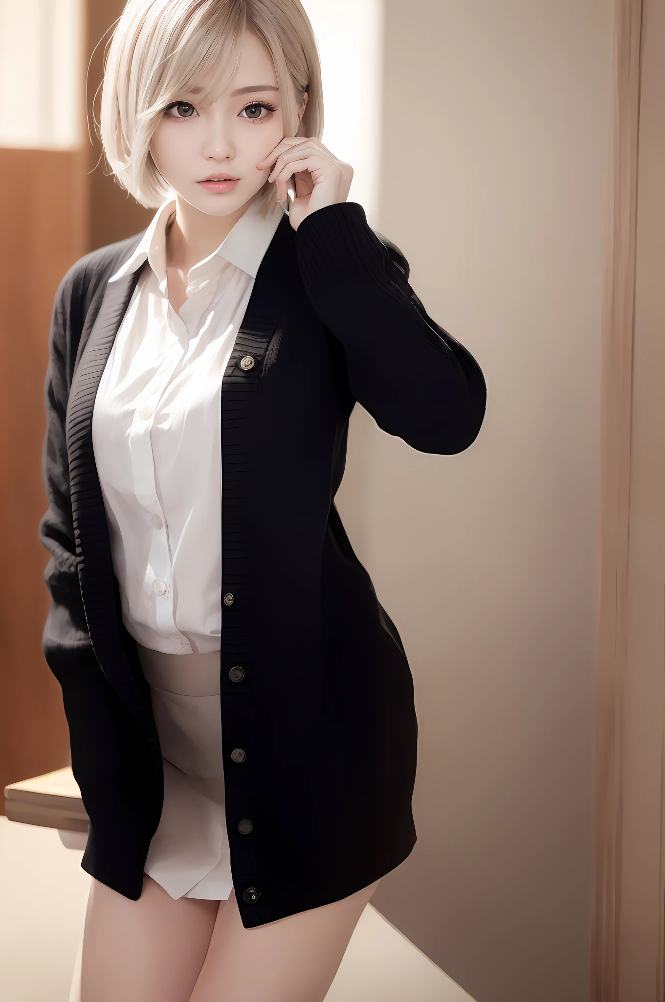 (RAW photo, best quality), (realistic, photo-realistic:1.3), masterpiece, an extremely delicate and beautiful, extremely detailed, CG, unity , 2k wallpaper, Amazing, finely detail, light smile, extremely detailed CG unity 8k wallpaper, huge filesize, ultra-detailed, highres, absurdres, soft light, (((short hair:1.3), short bang, silver hair, floating hair novafrogstyle)), beautiful detailed girl, detailed fingers, extremely detailed eyes and face, beautiful detailed nose, beautiful detailed eyes, long eyelashes, light on face, looking at viewer, (closed mouth:1.2), 1girl, cute, young, mature face, (full body:1.3), realistic face, realistic body, beautiful detailed thigh, (ulzzang-6500-v1.1:0.8), business suit, cross-laced clothes, collared shirt, open clothes, in office, detailed office, open cardigan, black thighhighs,