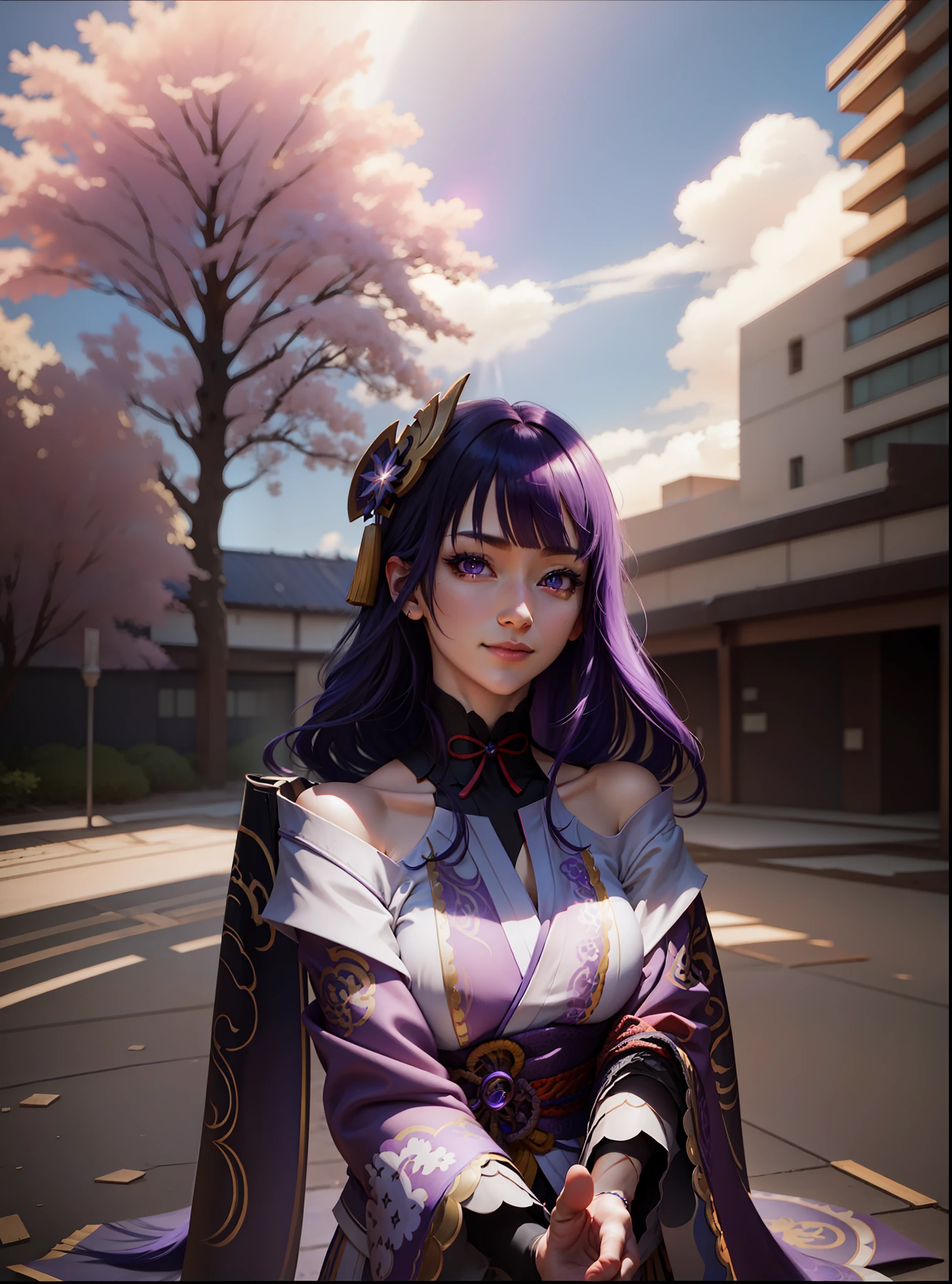 multicolored hair, purple hair, purple eyes, multicolored eyes, mismatched pupils, smile, high detail, high detail, Raiden Shogun (Genshin Impact), anime, anime style, sparkle, glowing light, god rays, ray tracing, backlighting, UHD, UHD, UHD, masterpiece, super detail, high details, high quality, award winning