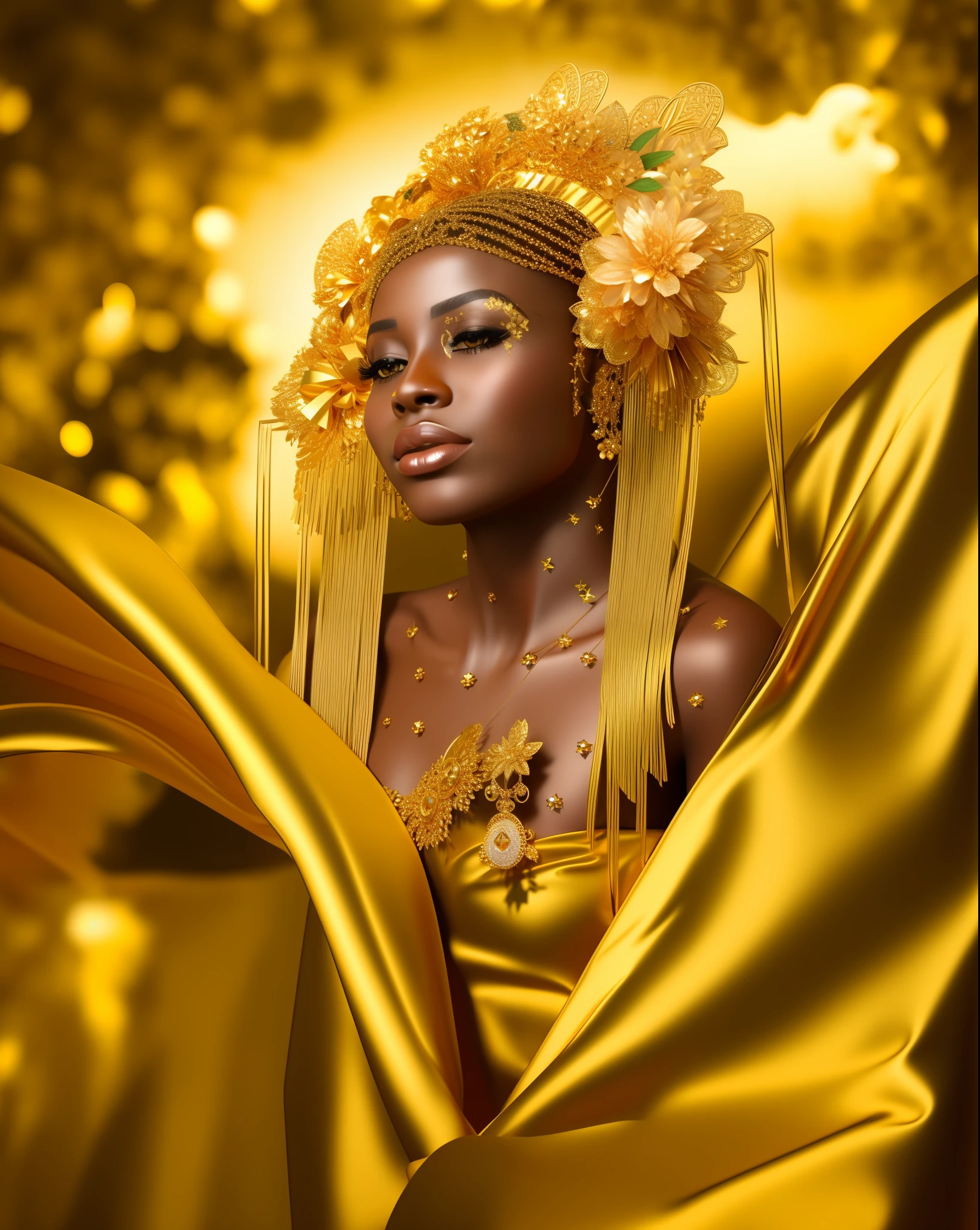 araffe woman in a golden dress with a gold headpiece, dark skin female goddess of love, black african princess, draped in gold, a stunning portrait of a goddess, intricate gold headdress, draped in silky gold, stunning african princess, portrait of a beautiful goddess, golden goddess, african queen, epic 3 d oshun, wearing a golden halo
