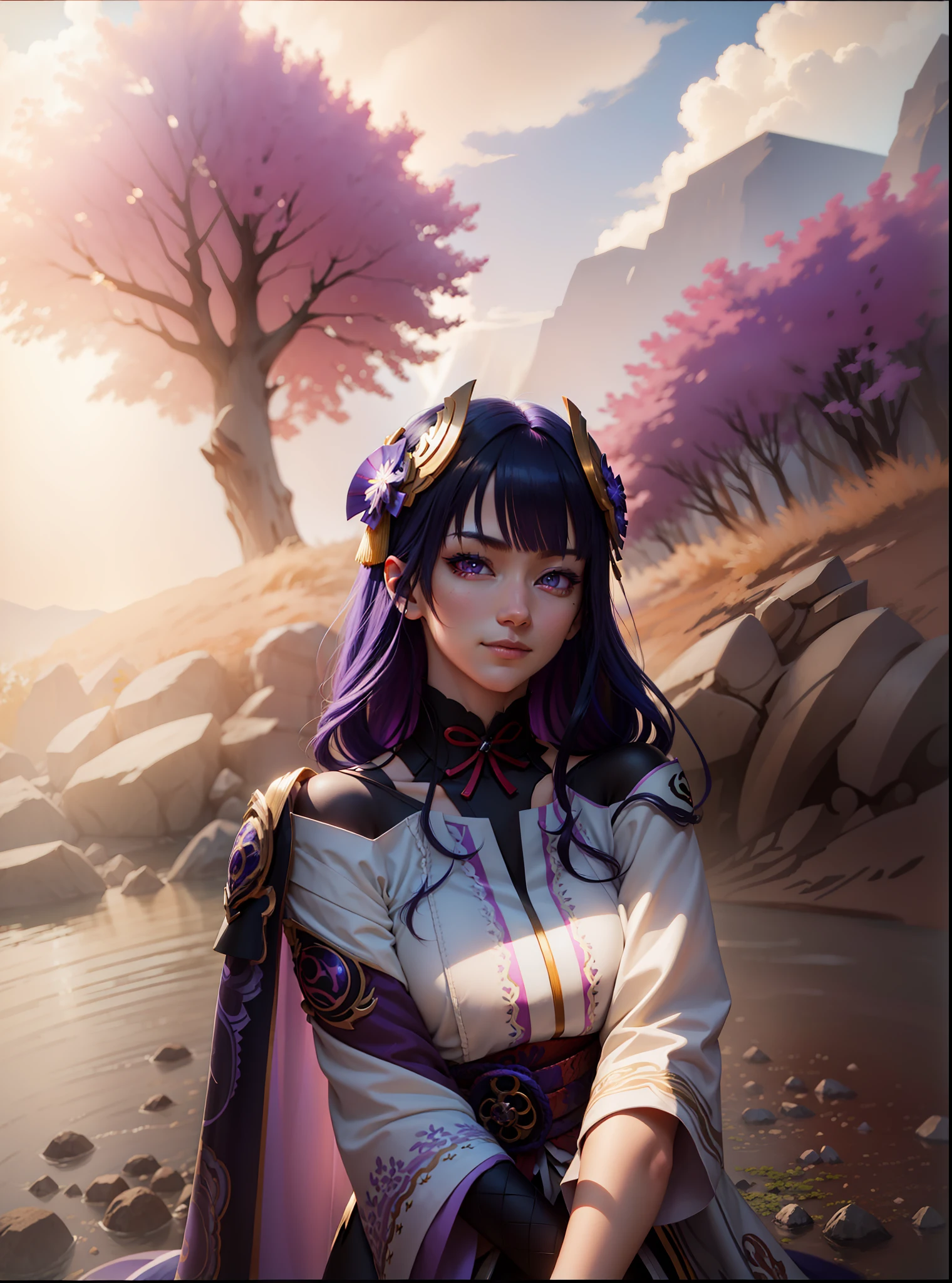 multicolored hair, purple hair, purple eyes, multicolored eyes, mismatched pupils, smile, high detail, high detail, Raiden Shogun (Genshin Impact), anime, anime style, sparkle, glowing light, god rays, ray tracing, backlighting, UHD, UHD, UHD, masterpiece, super detail, high details, high quality, award winning