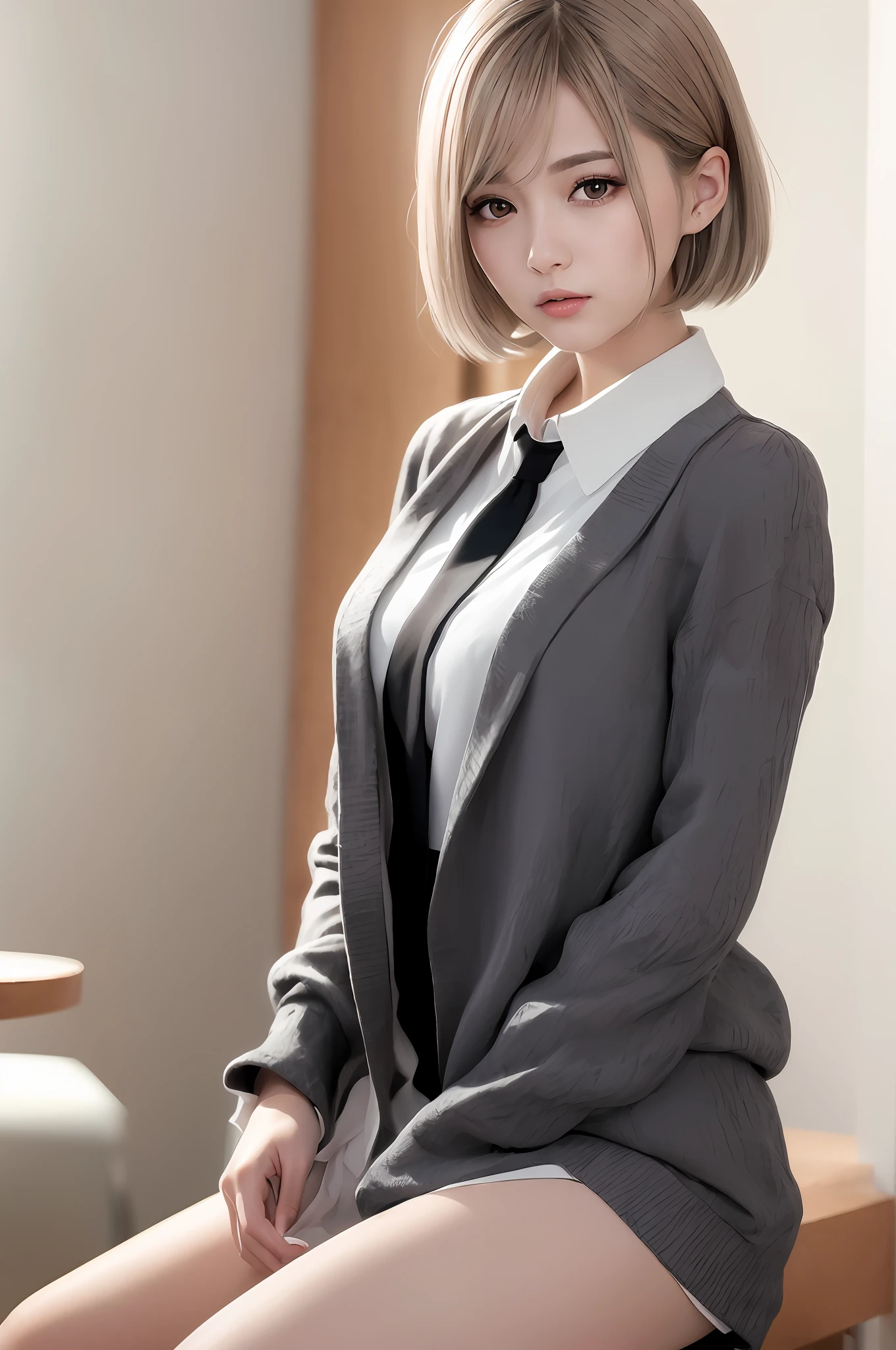 (RAW photo, best quality), (realistic, photo-realistic:1.3), masterpiece, an extremely delicate and beautiful, extremely detailed, CG, unity , 2k wallpaper, Amazing, finely detail, light smile, extremely detailed CG unity 8k wallpaper, huge filesize, ultra-detailed, highres, absurdres, soft light, (((short hair:1.3), short bang, silver hair, floating hair novafrogstyle)), beautiful detailed girl, detailed fingers, extremely detailed eyes and face, beautiful detailed nose, beautiful detailed eyes, long eyelashes, light on face, looking at viewer, (closed mouth:1.2), 1girl, cute, young, mature face, (full body:1.3), realistic face, realistic body, beautiful detailed thigh, (ulzzang-6500-v1.1:0.8), business suit, cross-laced clothes, collared shirt, open clothes, in office, detailed office, open cardigan, black thighhighs,