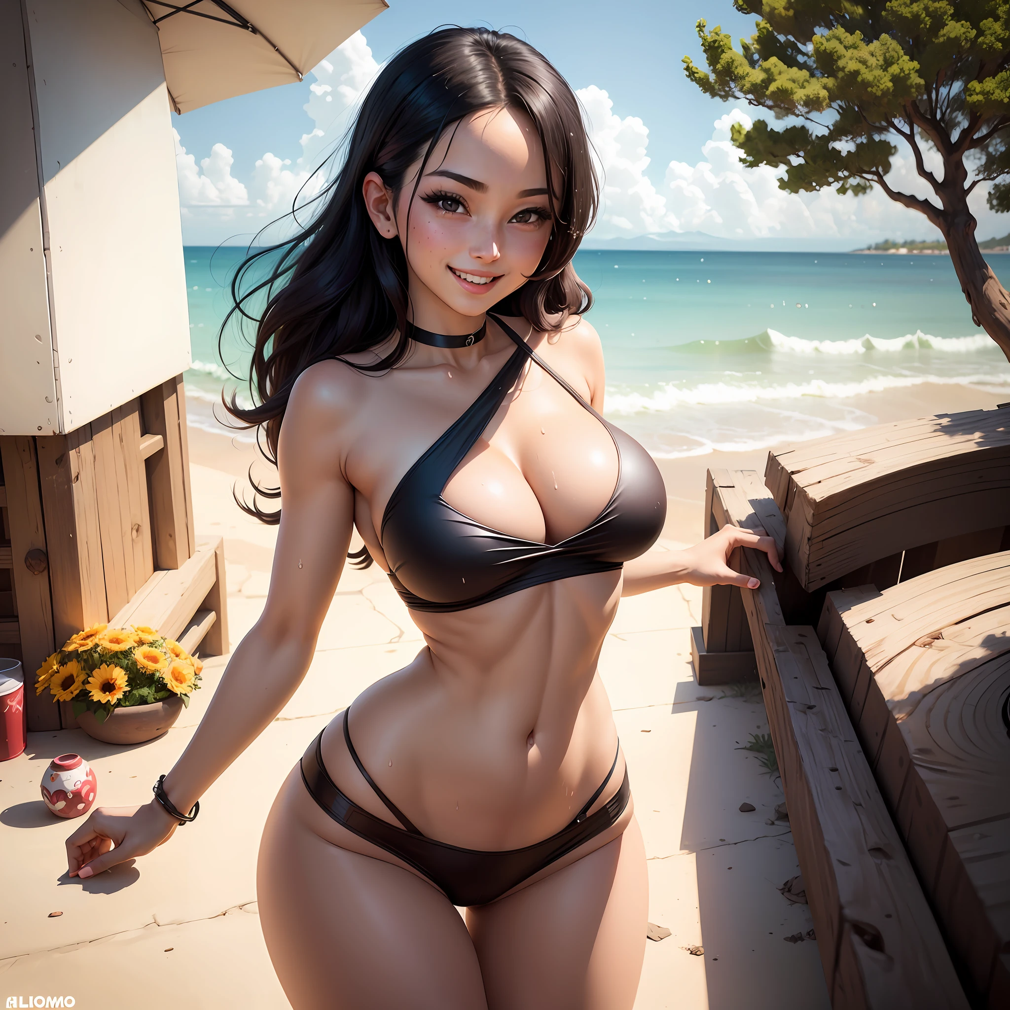 A bimbo version of a 20 years old Momo yaoyorozu with a smile an expression a slutty attitude an hourglass figure huge tits Big ass fit body and a wasp waist wearing a tight mini bikini, wet body, blushing --auto --s2