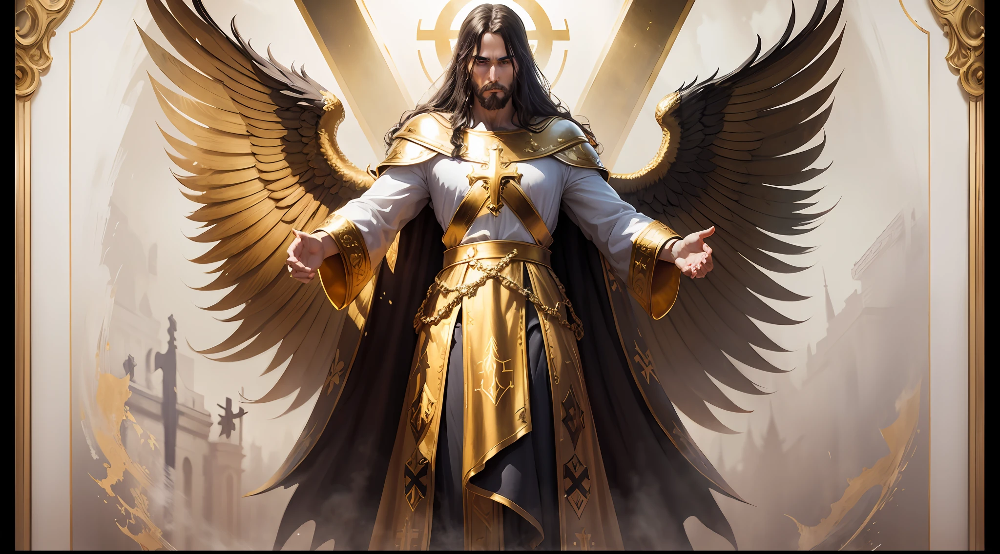 Jesus Christ with golden robes stepping on the devil's head, iron cross --auto --s2