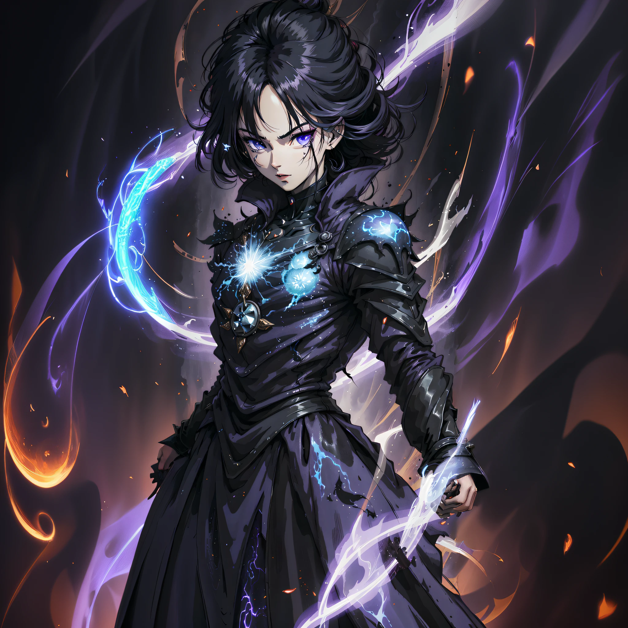 anime - style image of a woman with a sword and a glowing orb, black - haired mage, young shadow mage male, kaladin stormblessed, full portrait of electromancer, full portrait of elementalist, dark arcanist, epic fantasy digital art style, shadowverse style, full art, handsome guy in demon slayer art