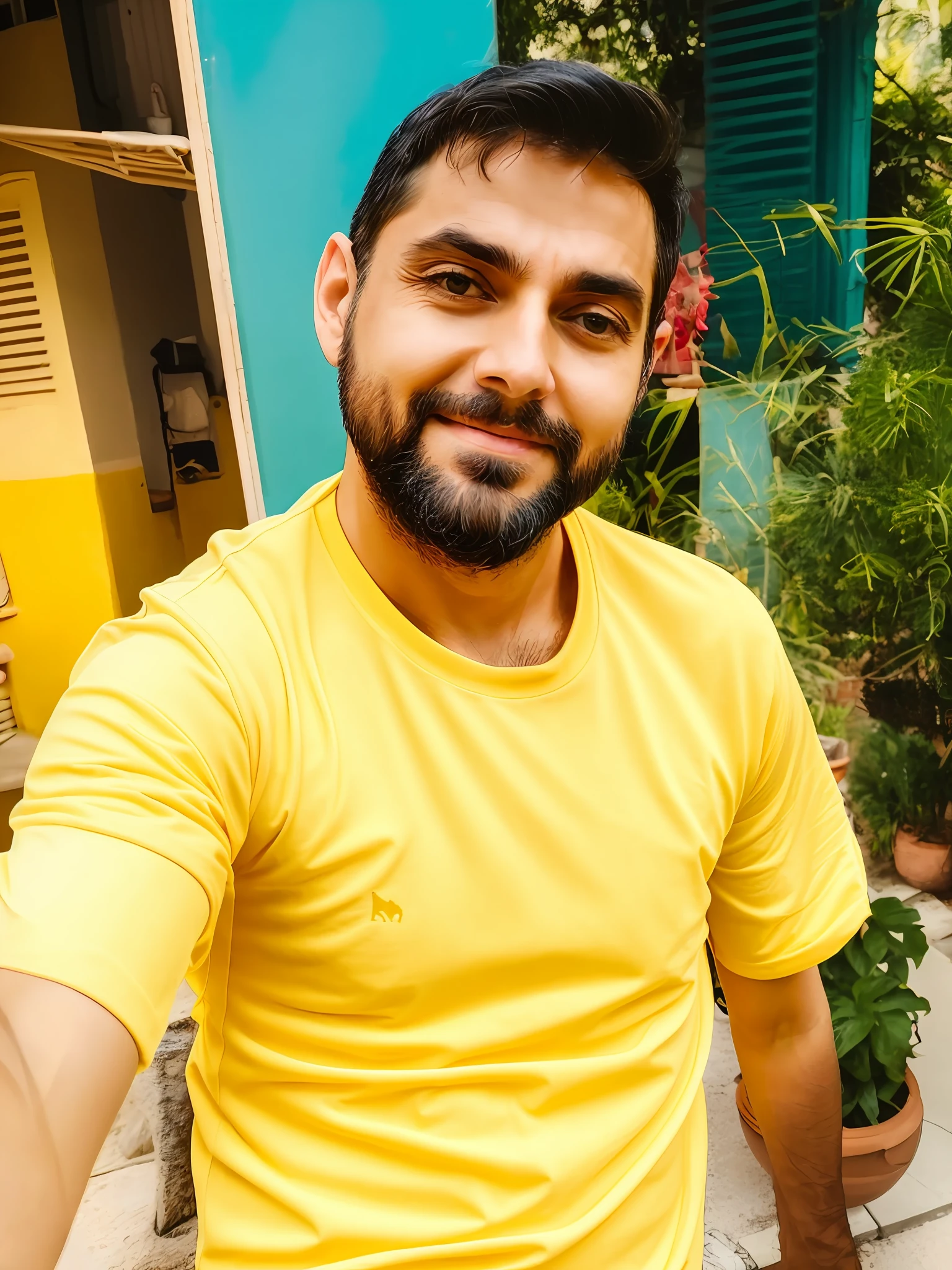 There is a man outside, wearing a yellow tshirt (38 years old)