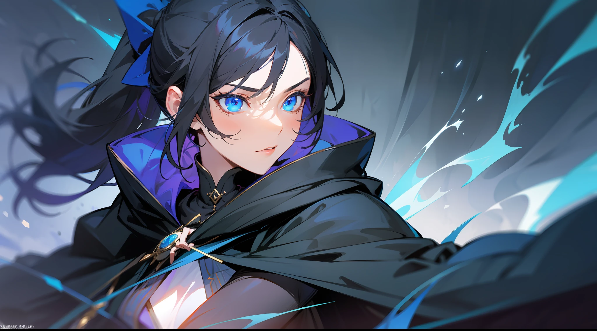 masterpiece, best quality, mature woman, dark sorceress, black cloak, blue hood, black hair, ponytail, blue eyes, magic, fantasy, medieval, in a battle arena, dynamic pose, beautiful detailed glow.