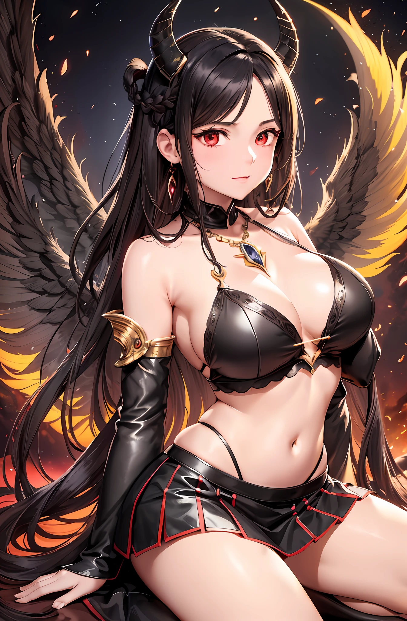 Top quality, ultra high resolution, (photorealistic: 1.4), Japan people, attractive faces. Model face. Braid. Thin. Smiling, bikini, beautiful details, brown face. Light brown hair. Brown hair. Big tits. Miniskirt. Earring. Luxurious necklace. Detail. Vivid? Realistic details. Real. Ability. Competent. On the back large wings. Brown hair in braids, traditional female hairstyle, long braid hair, long dark braid hair, brown hair in braids, black feathers on the back. Black wings. Black plumage. Devil's wings. Moon. Red moon. Navel, Detached Sleeves, Bare Shoulders, Center Opening, Cleavage, Middle Chest, Long Feathered Hair Clips, Hair Ornament, Red Eyes, Thigh Height,, Full Body, Look Viewer, Break, Otherworldly. Black smoke wafting around. Horns..... Black suspended particles. Black smoke. Black crystals around. Black smoke wafts around. Warping the body. Warping the body. Horn. Darkness. Ochi Yami Yugi. Kneeling. Get on your knees. Lightning. Thunder.