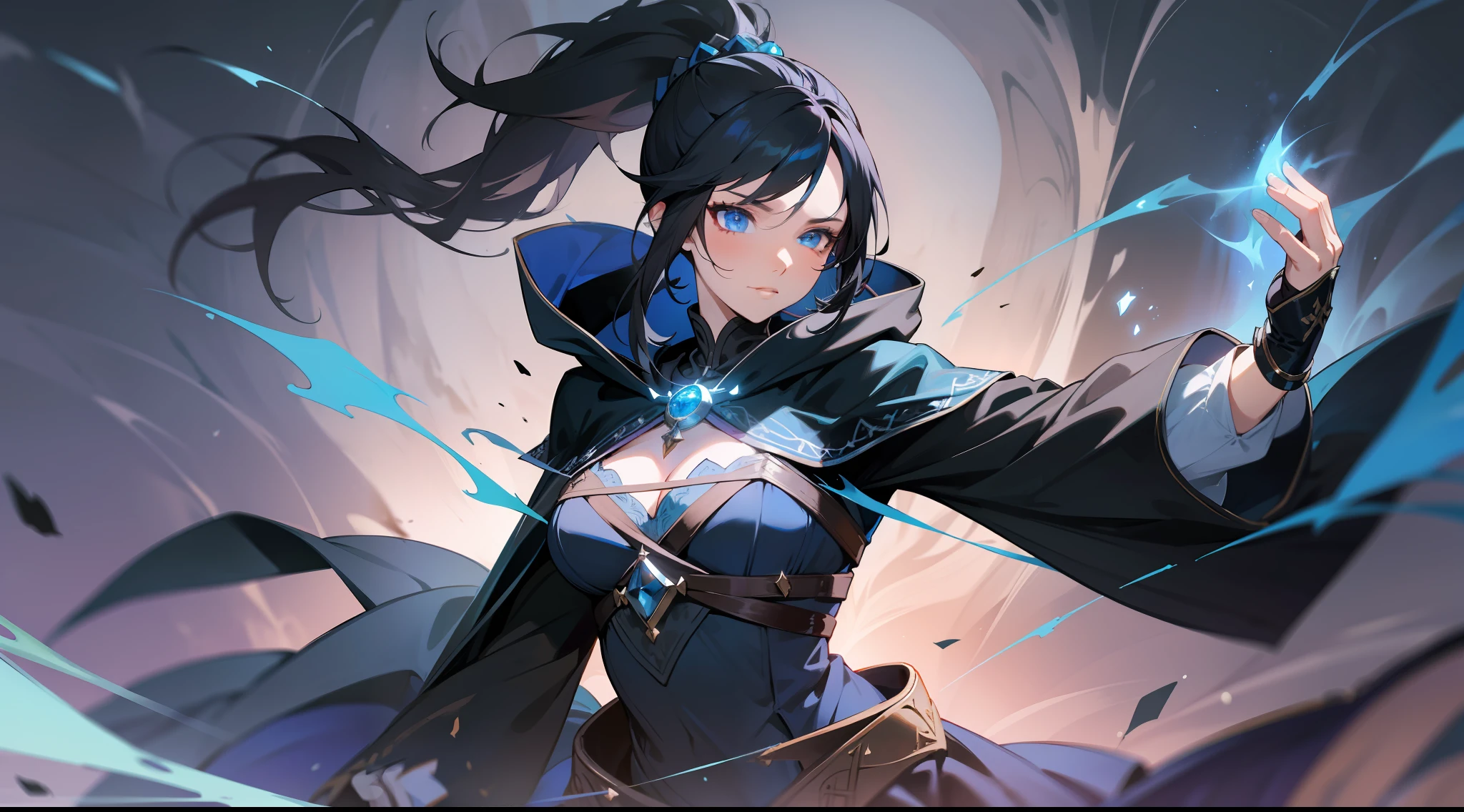 masterpiece, best quality, mature woman, dark sorceress, black cloak, blue hood, black hair, ponytail, blue eyes, magic, fantasy, medieval, in a battle arena, dynamic pose, beautiful detailed glow.