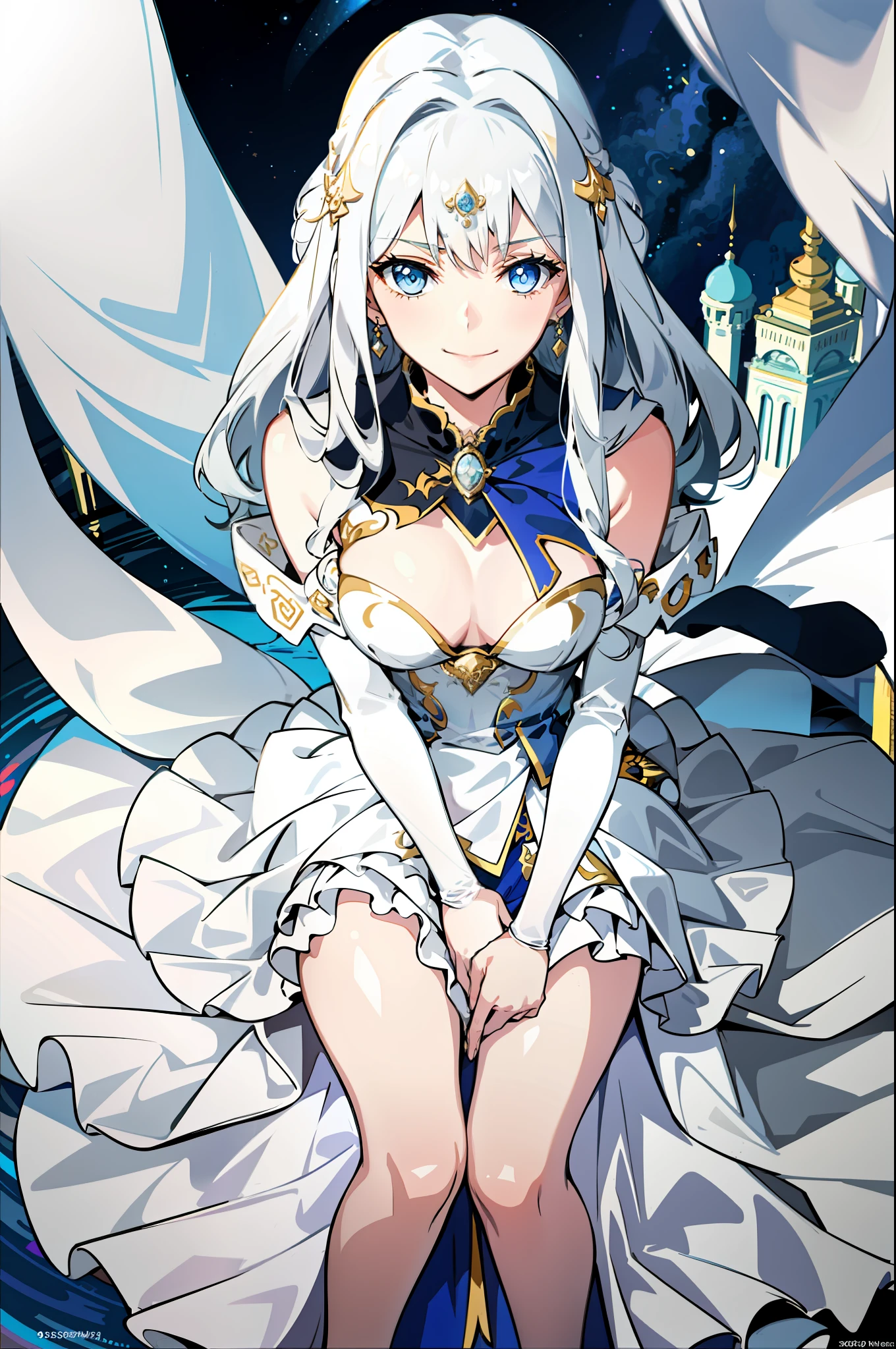 silver wavy hair, blue eyes, gorgeous white mermaid dress, reverent, beautiful woman, benevolent smile, headdress, gold shoes, animation, sitting, temple background
