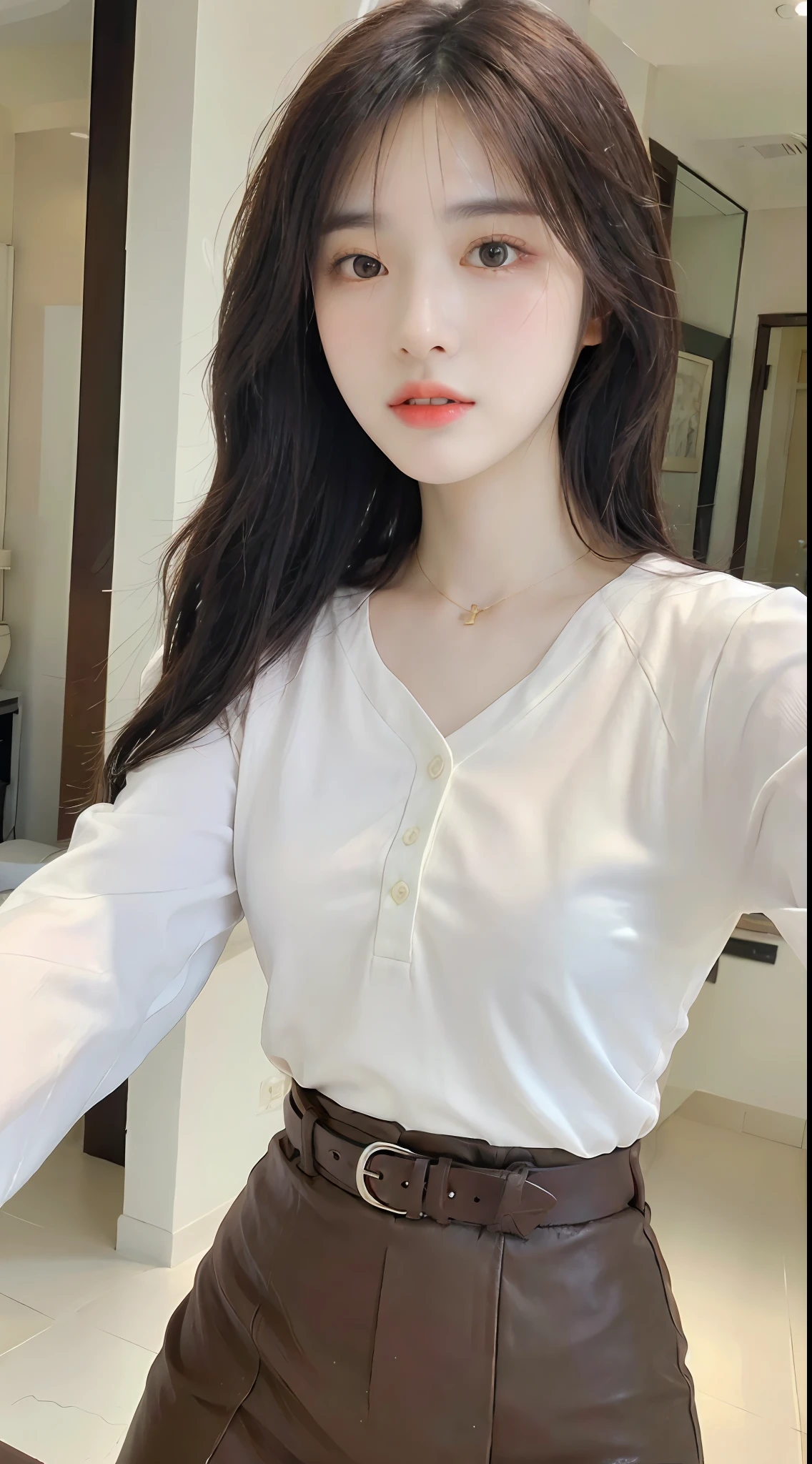 (Best quality, high resolution, masterpiece: 1.3), a tall and beautiful woman, big eyes, small mouth, kisses, hugs, slender abs, dark brown hair in loose wavy styling, breasts, delicate pendant, white buttoned shirt, no belt, floral skirt, (modern architecture in the background), beautifully presented details in the face and skin texture, detailed eyes, double eyelids, cute