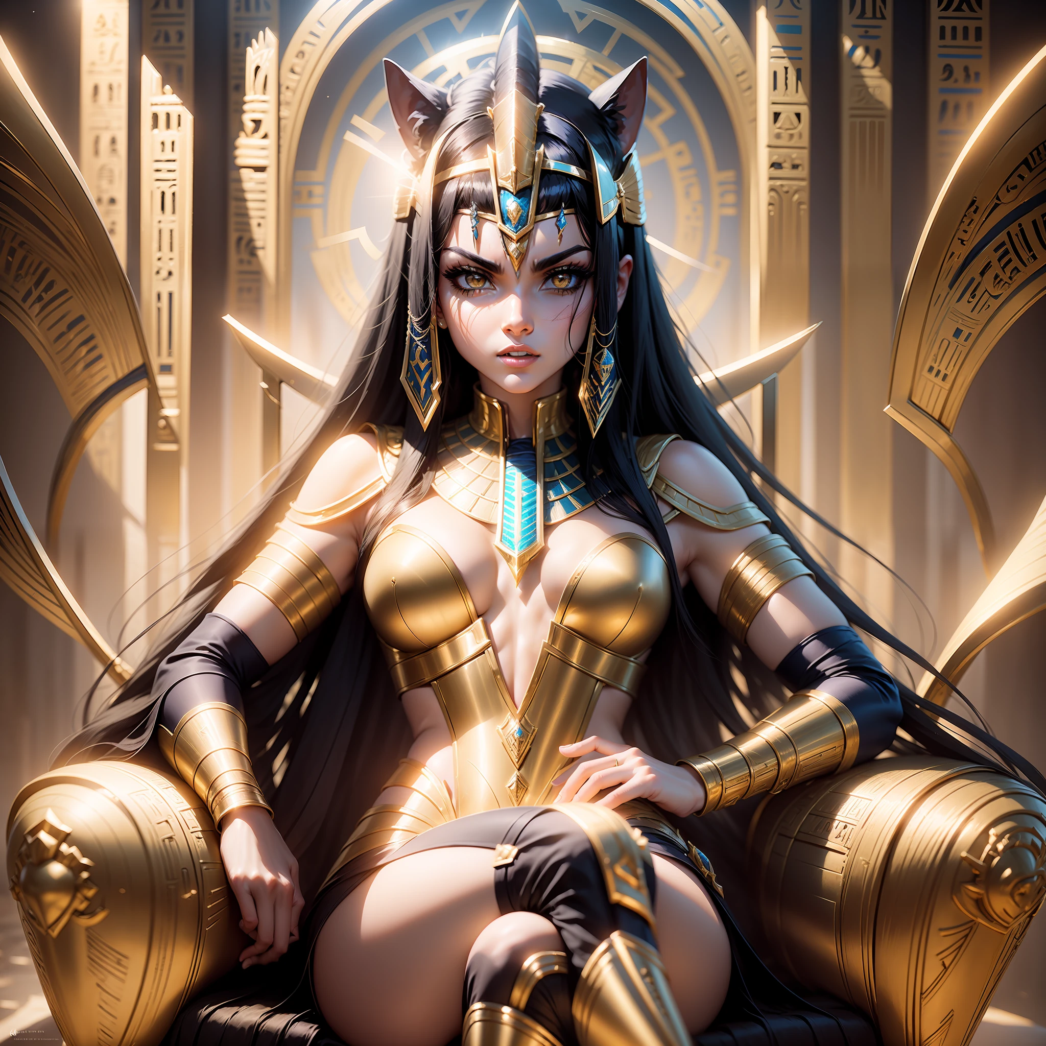 A pharaonic superhero princess with black hair and eyes full of evil black very white skin very beautiful wonderful beauty pharaonic superheroes throne chair lion guard