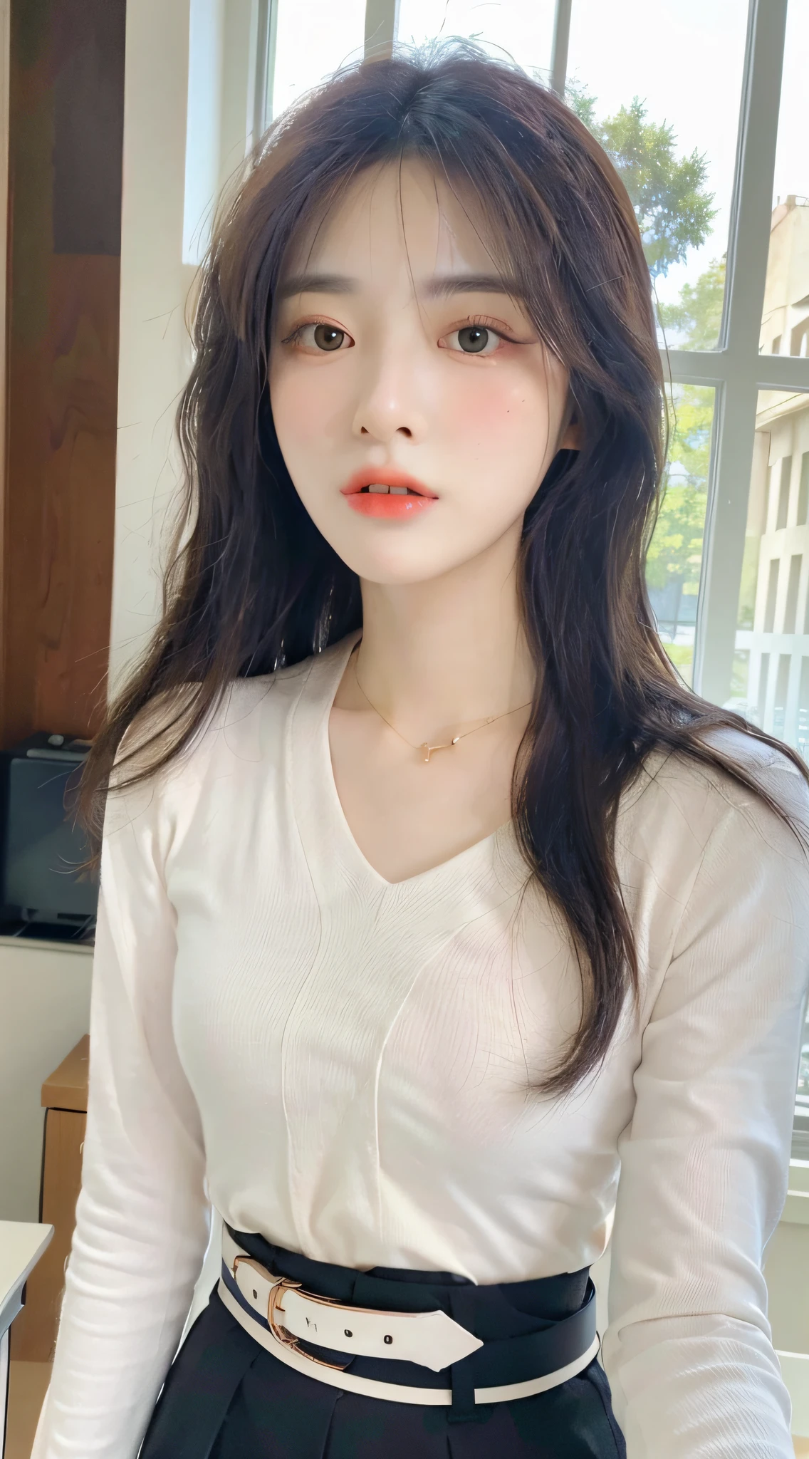 (Best quality, high resolution, masterpiece: 1.3), a tall and beautiful woman, big eyes, small mouth, kisses, hugs, slender abs, dark brown hair in loose wavy styling, breasts, delicate pendant, white buttoned shirt, no belt, floral skirt, (modern architecture in the background), beautifully presented details in the face and skin texture, detailed eyes, double eyelids, cute