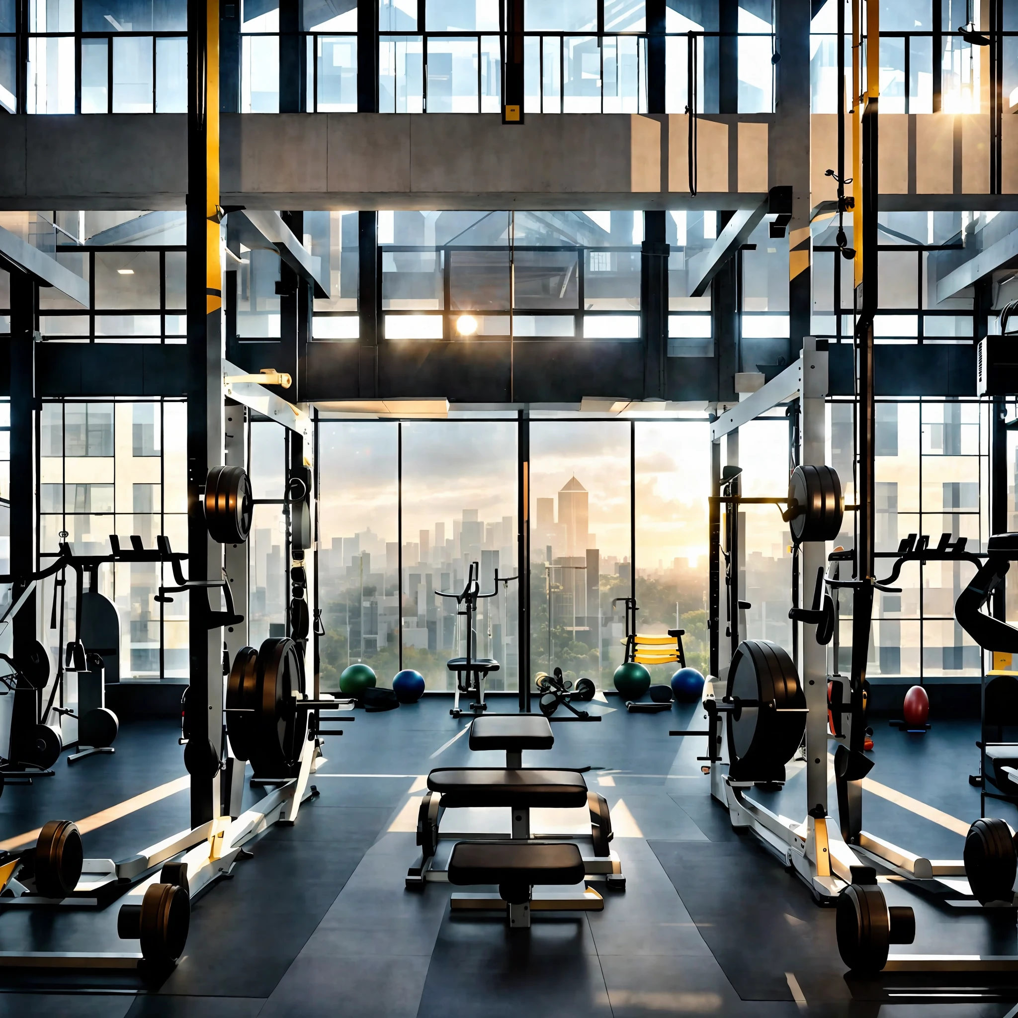there is a gym with a lot of equipment in it, background a gym, dingy gym, picture of a loft in morning, best on adobe stock, by Dietmar Damerau, realistic physical rendering, gym, dim dingy gym, local gym, by Aleksander Kotsis, in a gym, hard morning light, morning glow