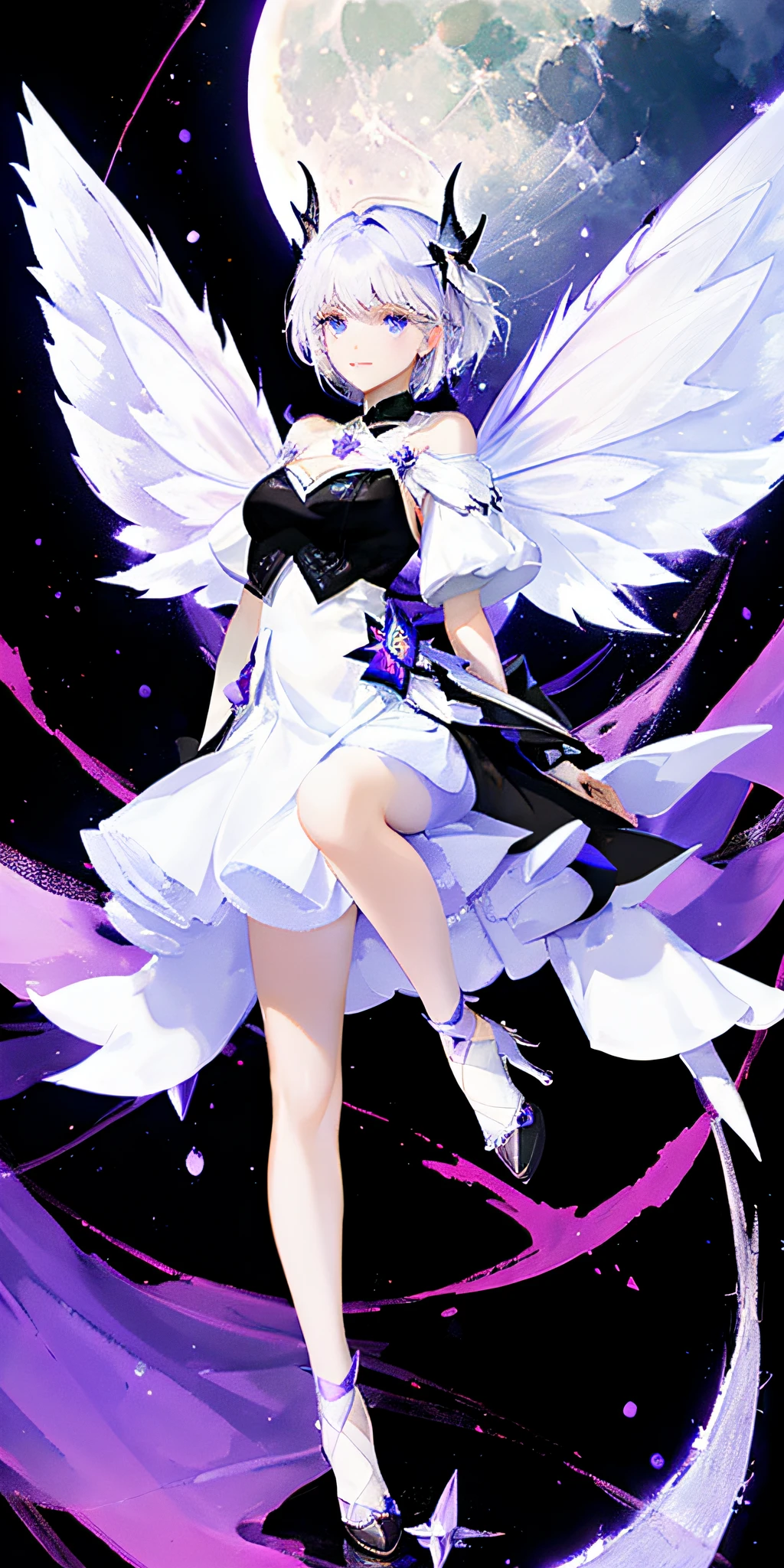 dark Fairy, White short hair, Celestial white clothe, black heels, fairy wings, floating, purple background with a moon