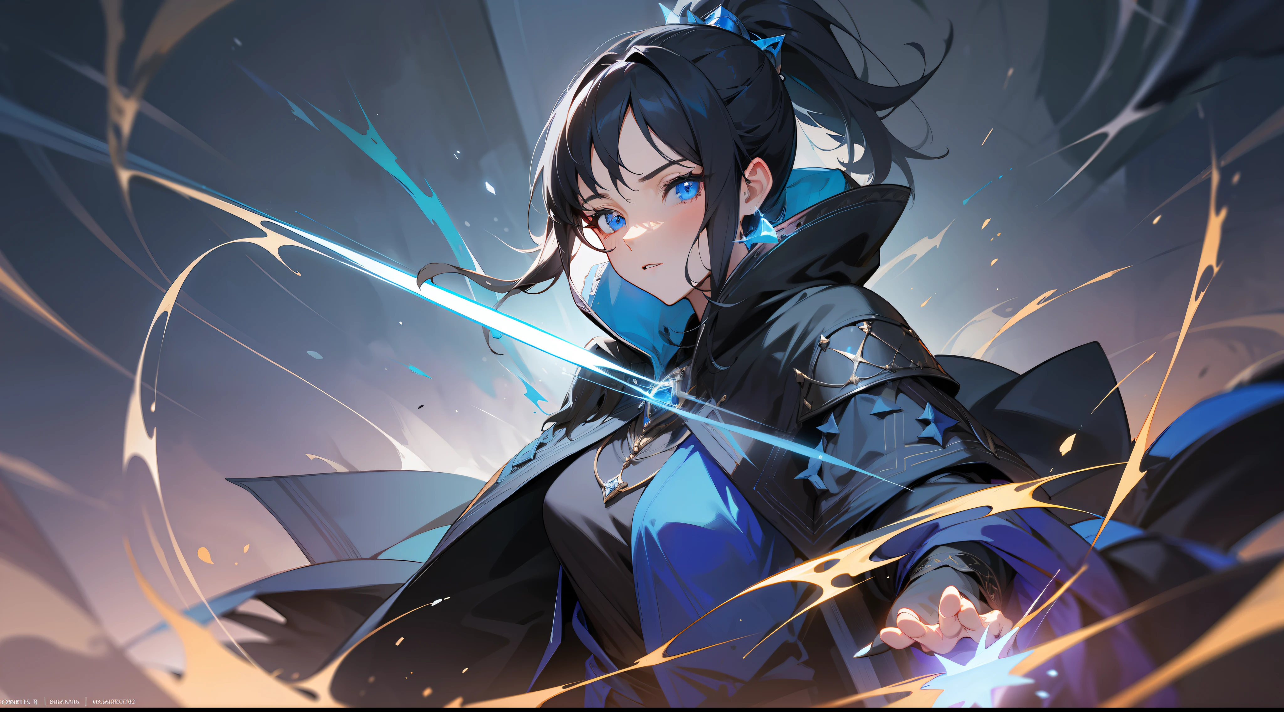 masterpiece, best quality, mature woman, dark sorceress, black cloak, blue hood, black hair, ponytail, blue eyes, magic, fantasy, medieval, in a battle arena, dynamic pose, beautiful detailed glow.