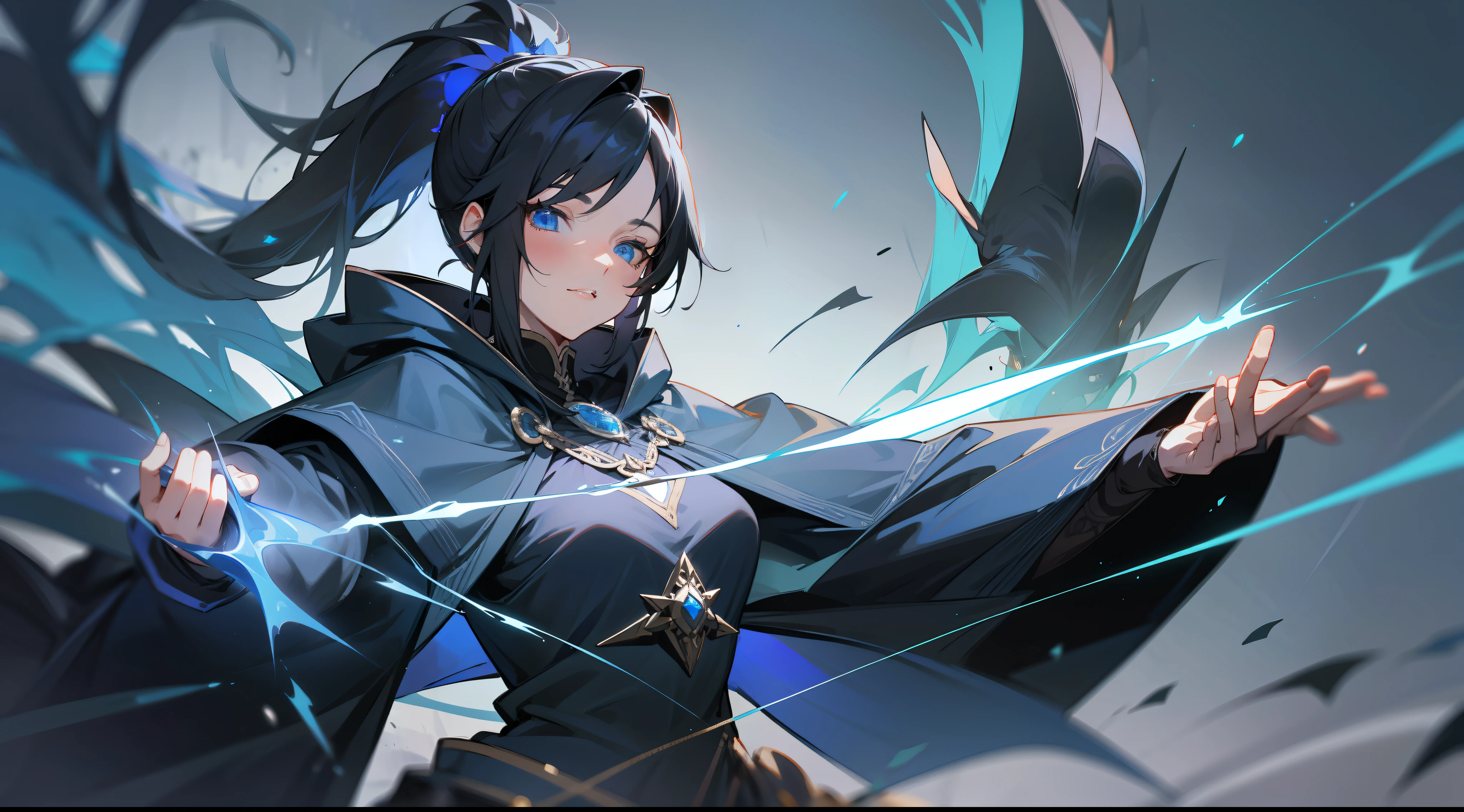 masterpiece, best quality, mature woman, dark sorceress, black cloak, blue hood, black hair, ponytail, blue eyes, magic, fantasy, medieval, in a battle arena, dynamic pose, beautiful detailed glow.